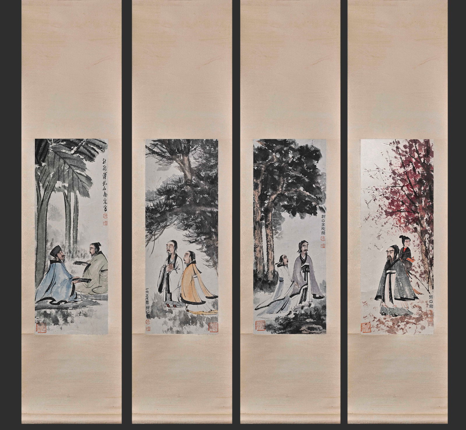 Group of Four Chinese Drawing Tree and Character Story Painting,Fu Baoshi Mark: Group of Four Chinese Drawing Tree and Character Story Painting,Fu Baoshi Mark (21 x 55cm)