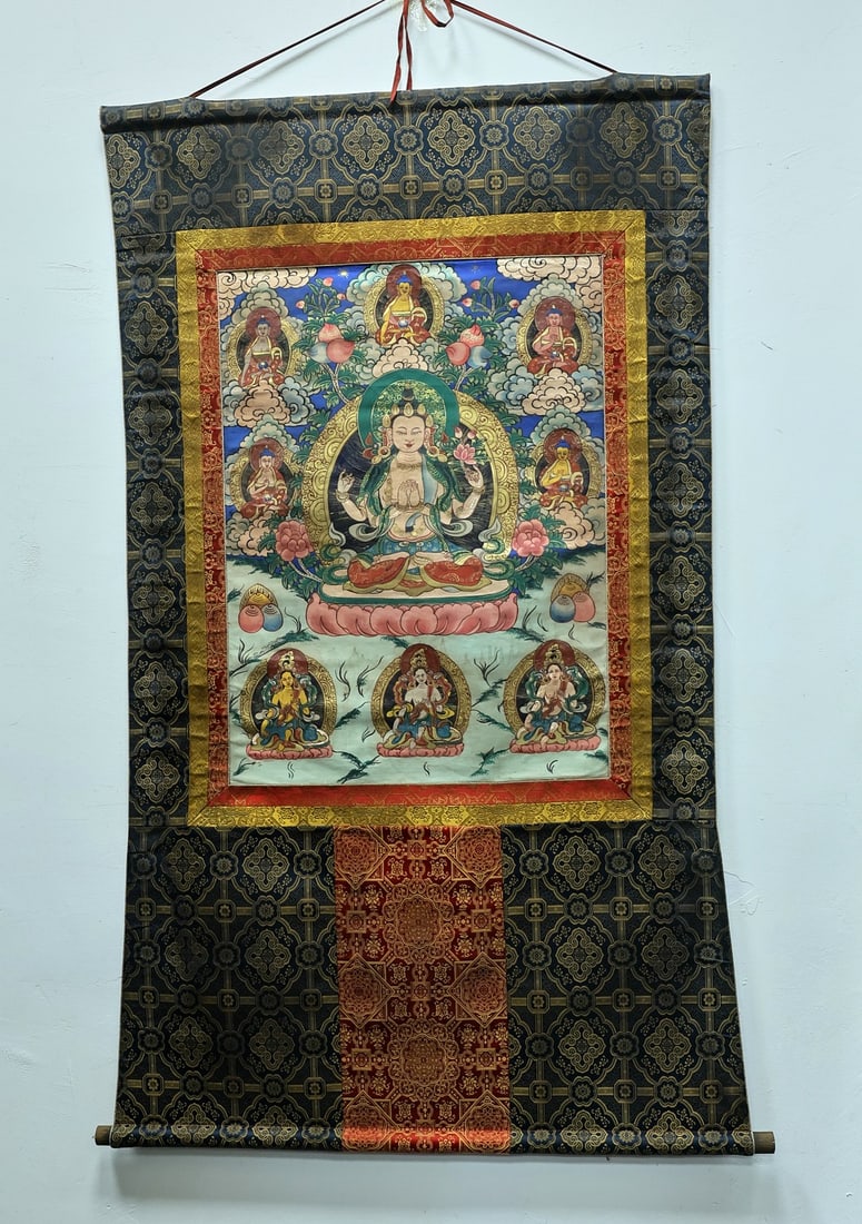 Colour Painted Four Armed GuanYin Pattern Tangka: Colour Painted Four Armed GuanYin Pattern Tangka (56 x 76cm)