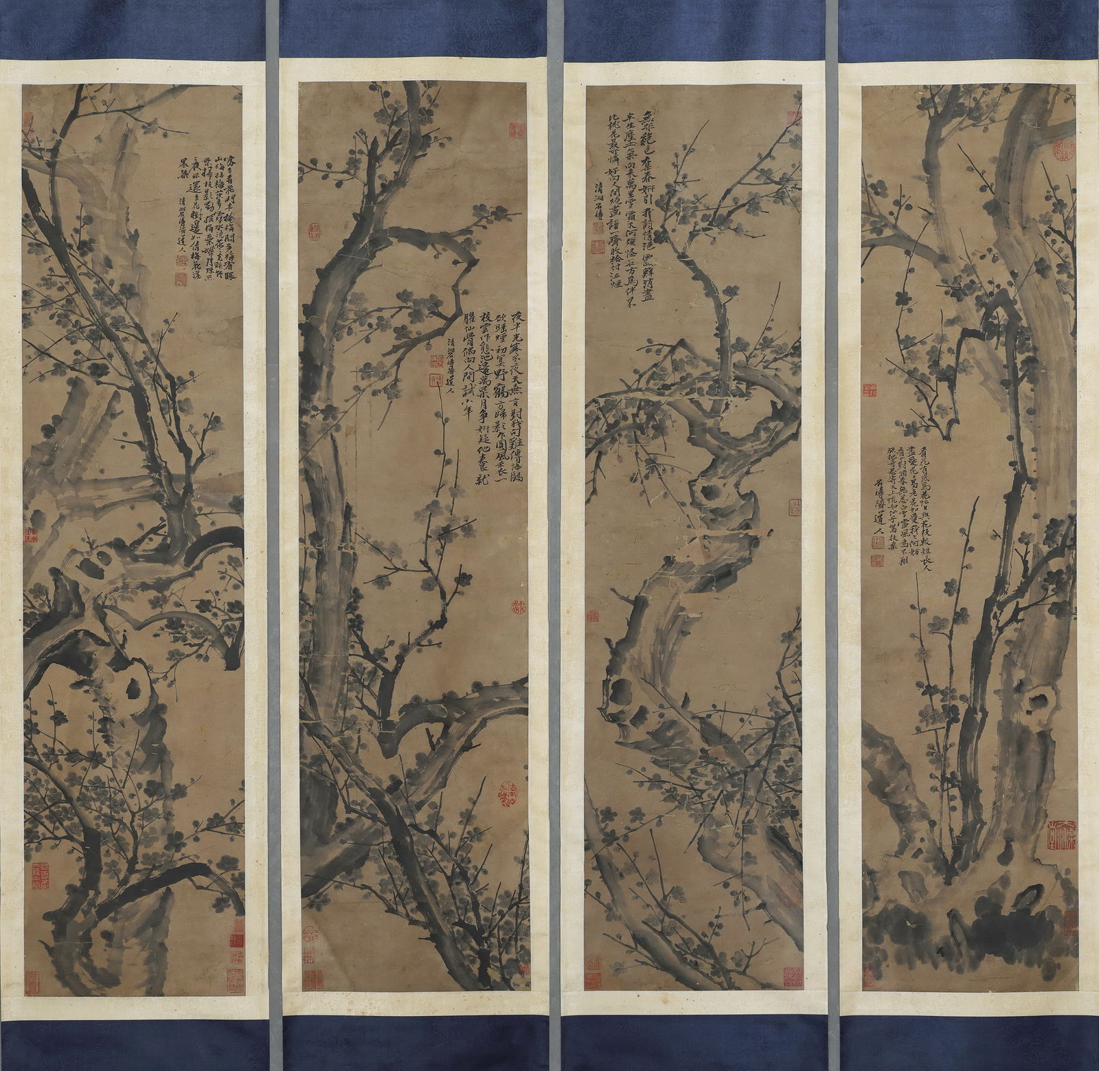 Group of Four Chinese Drawing Plum Flower Painting,Shi Tao Mark: Group of Four Chinese Drawing Plum Flower Painting,Shi Tao Mark (136 x 34cm)