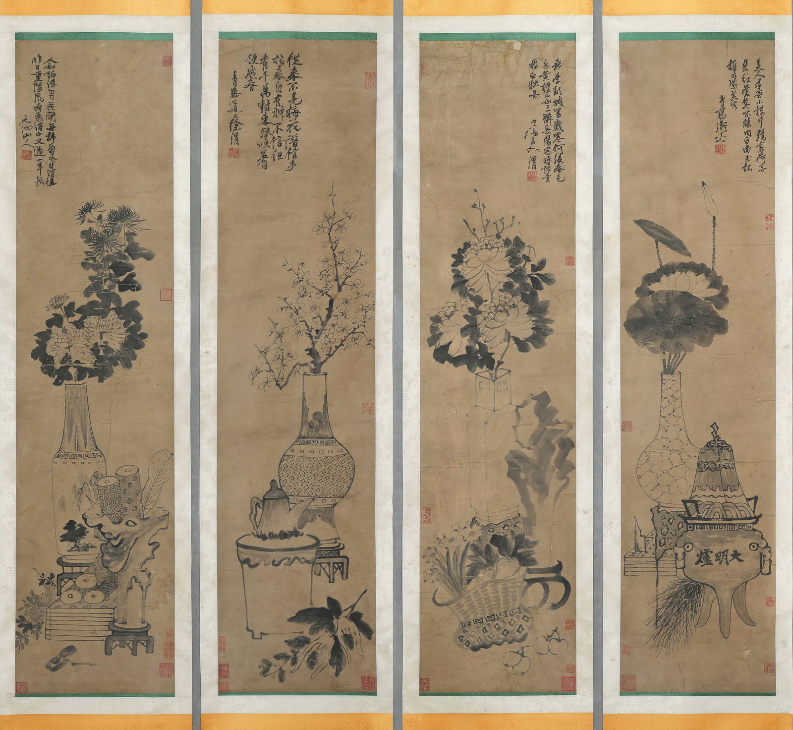 Group of Four Chinese Drawing Flower and Flower Pot Painting,Xu Wei Mark: Group of Four Chinese Drawing Flower and Flower Pot Painting,Xu Wei Mark (137 x 34cm)