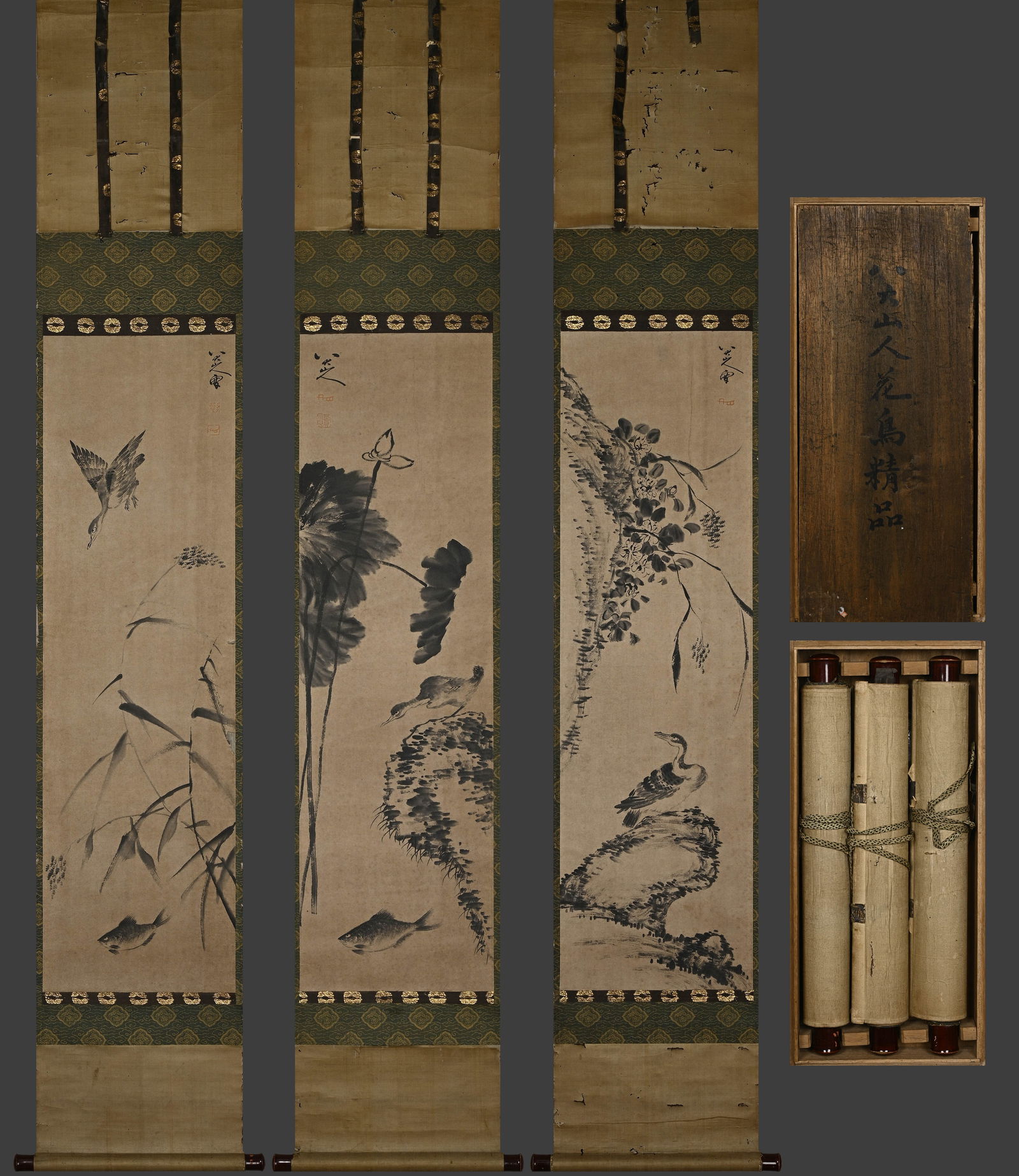 Group of Three Chinese Drawing Lotus Flower and Bird Painting,Ba Dashanren Mark: Group of Three Chinese Drawing Lotus Flower and Bird Painting,Ba Dashanren Mark (28 x 102cm)