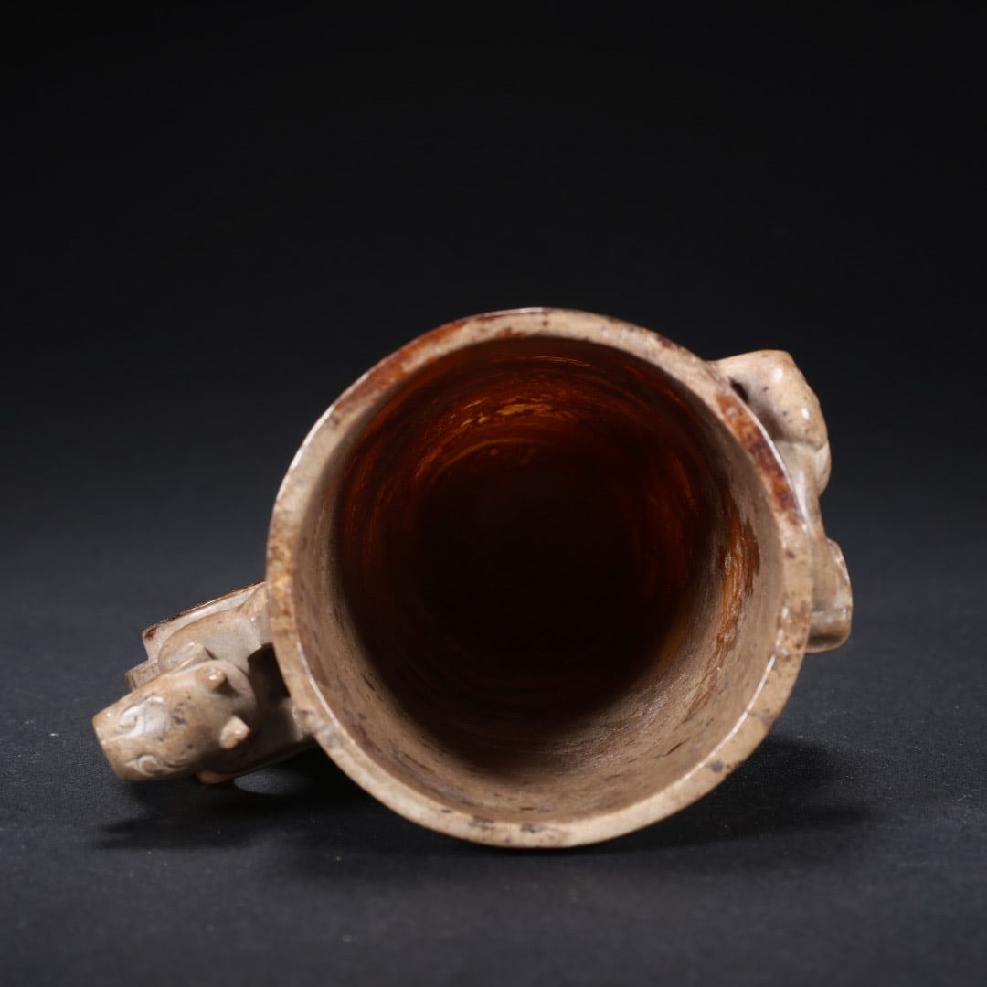 Jade Carved Cloud Pattern Double Dragon Ears Cup - 8