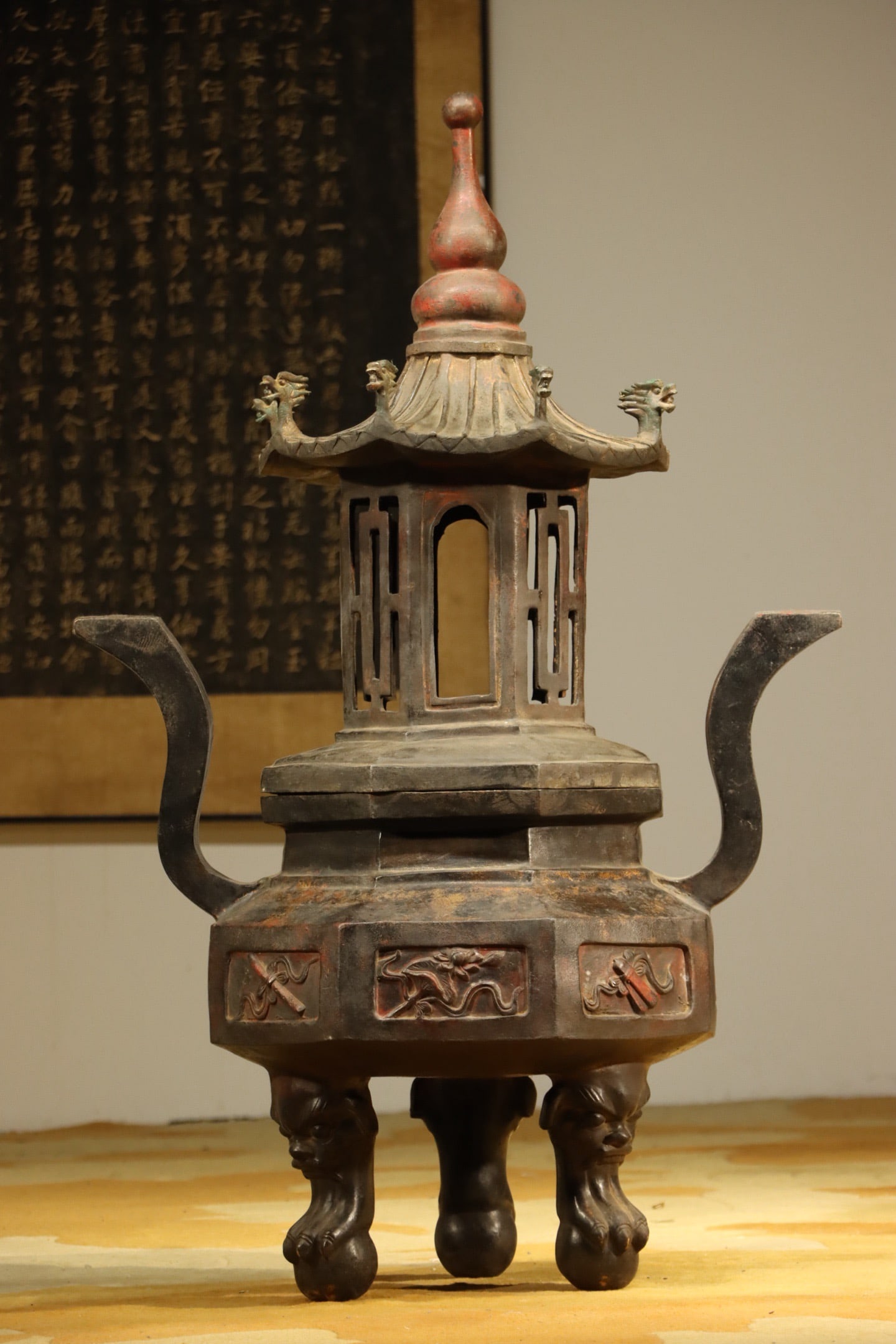 Bronze Carved Eight Treasure Pattern Double Ears Incense Burner: Bronze Carved Eight Treasure Pattern Double Ears Incense Burner (100 x 66cm)