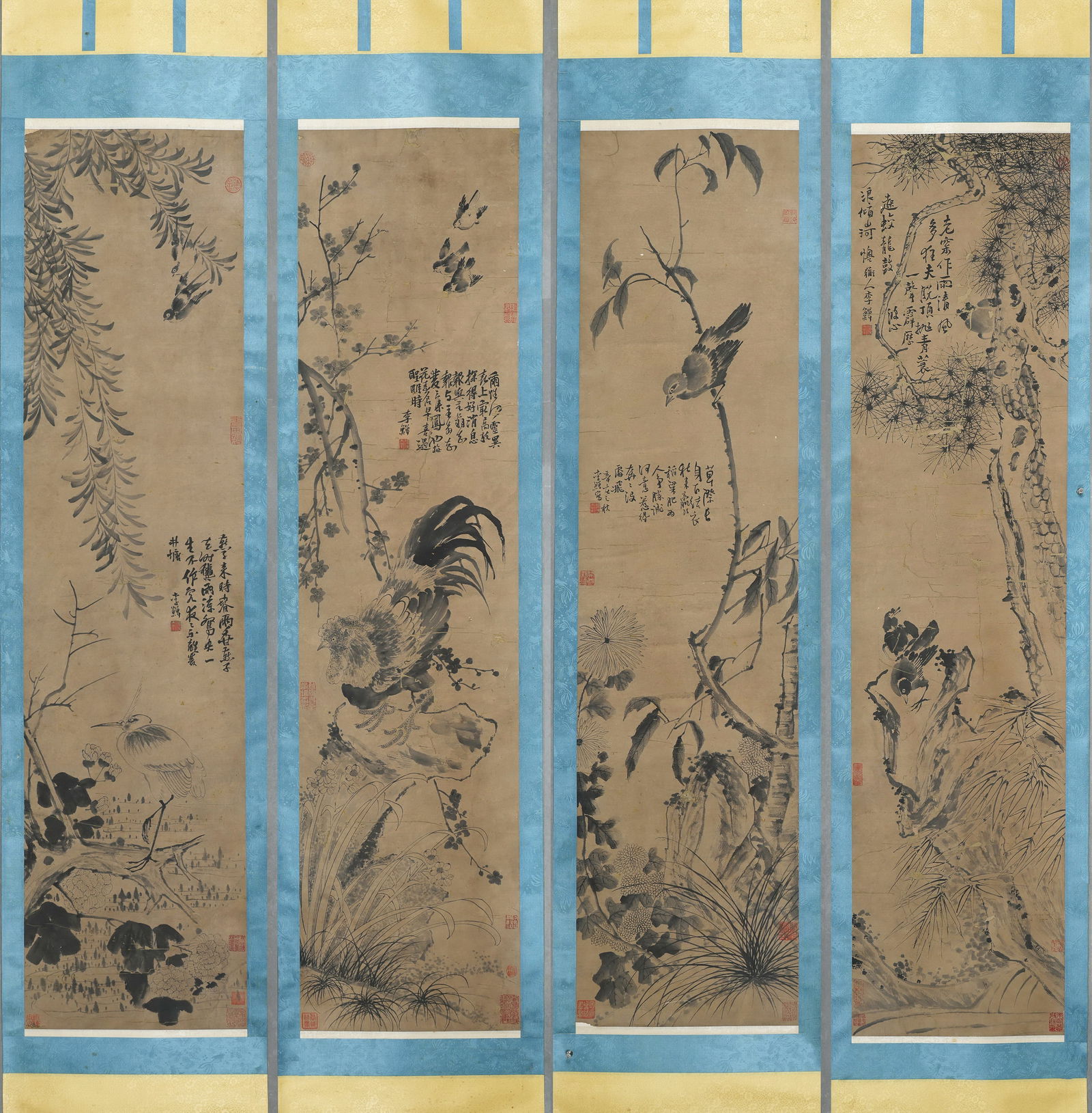 Group of Four Chinese Drawing Flower and Bird Painting,Li Shan Mark: Group of Four Chinese Drawing Flower and Bird Painting,Li Shan Mark (137 x 34cm)