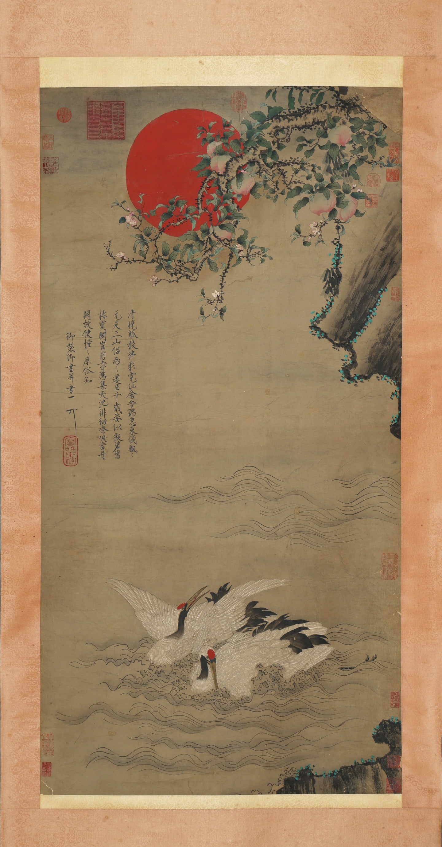 Chinese Drawing Crane and Peach Painting,Song Huizong Mark: Chinese Drawing Crane and Peach Painting,Song Huizong Mark (130 x 68cm)
