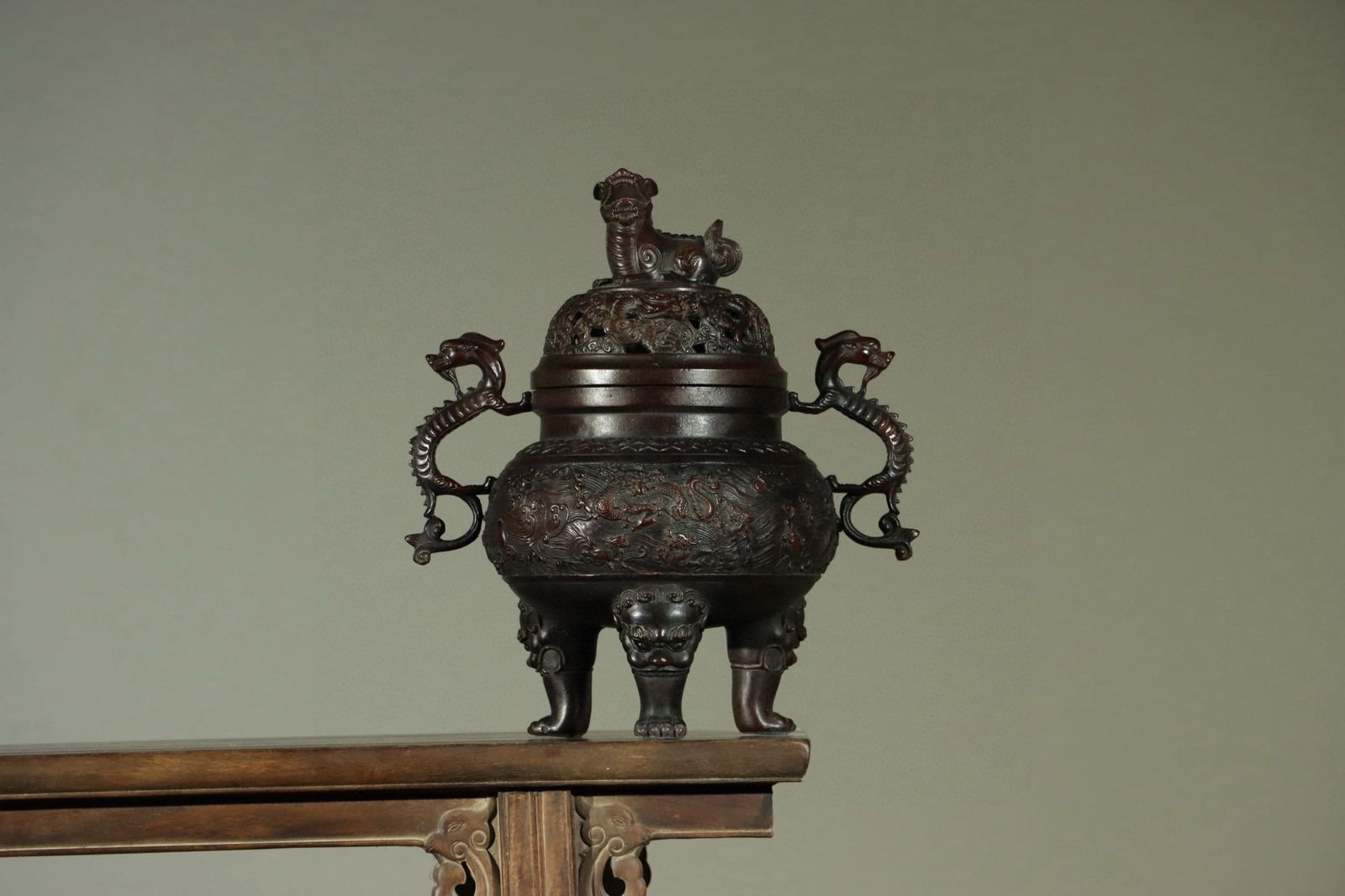 Bronze Carved Dragon Pattern Double Dragon Ears Incense Burner (1 of 9)