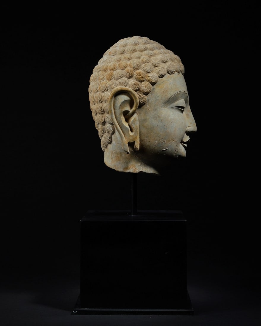 Grey Stone Buddha Head Figure - 3