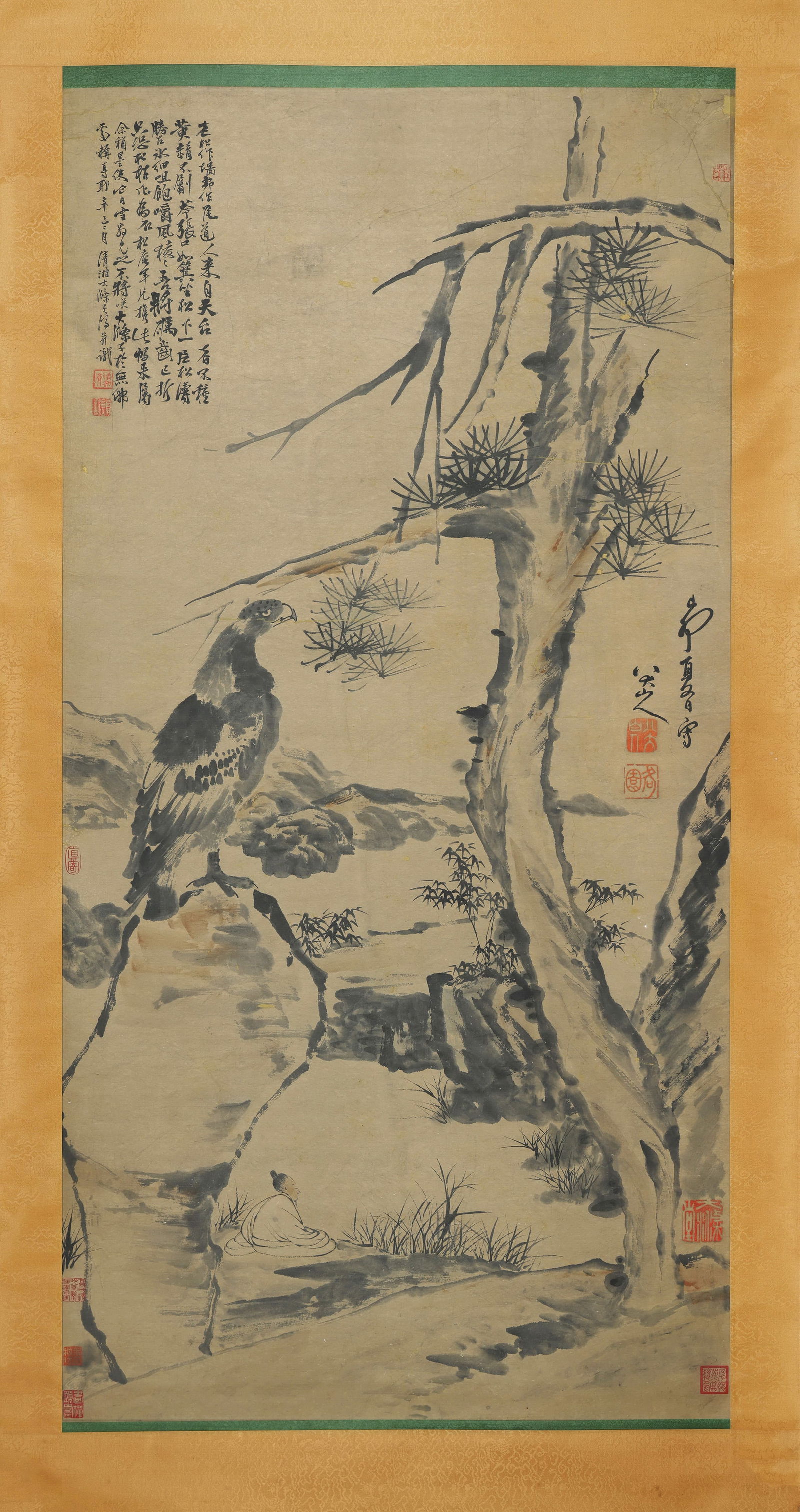 Chinese Drawing Pine Tree and Eagle Painting,Shi Tao and Ba Dashanren Mark: Chinese Drawing Pine Tree and Eagle Painting,Shi Tao and Ba Dashanren Mark (137 x 68cm)