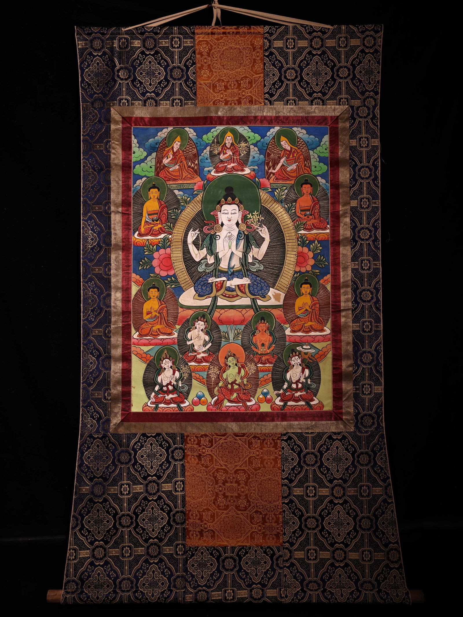 Colour Painted Four Armed GuanYin Pattern Tangka: Colour Painted Four Armed GuanYin Pattern Tangka (69 x 49cm)