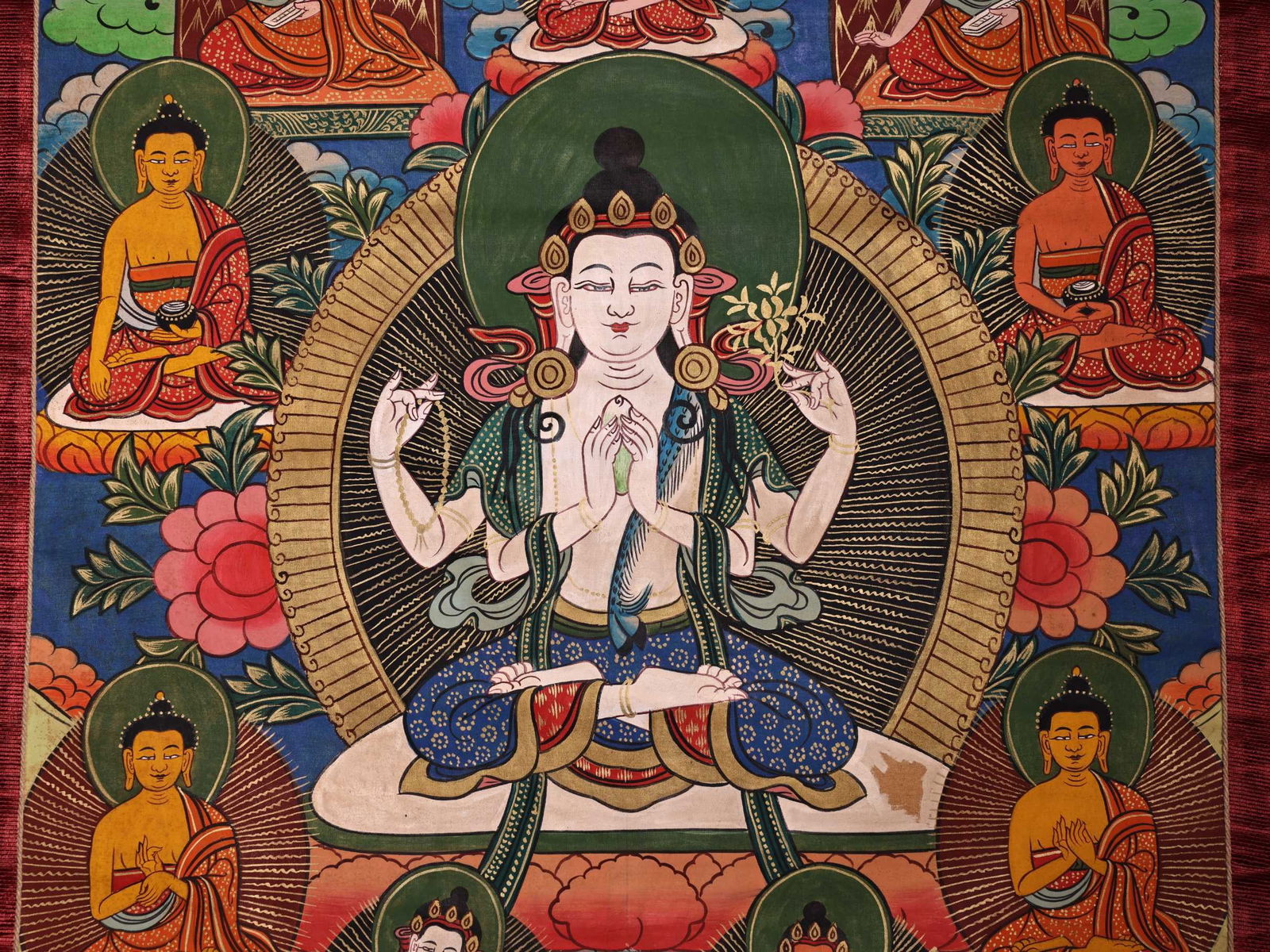 Colour Painted Four Armed GuanYin Pattern Tangka - 3