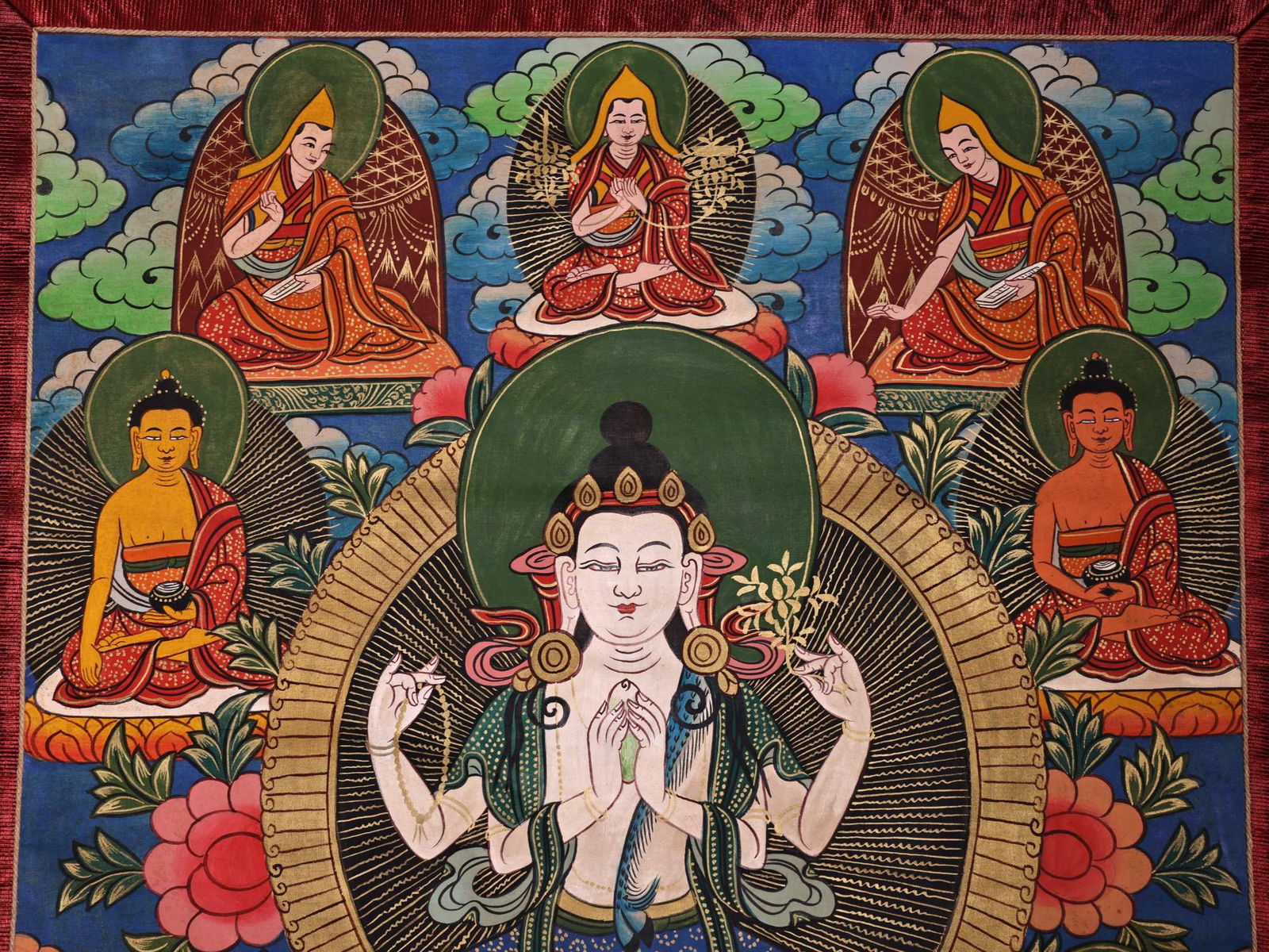 Colour Painted Four Armed GuanYin Pattern Tangka - 7