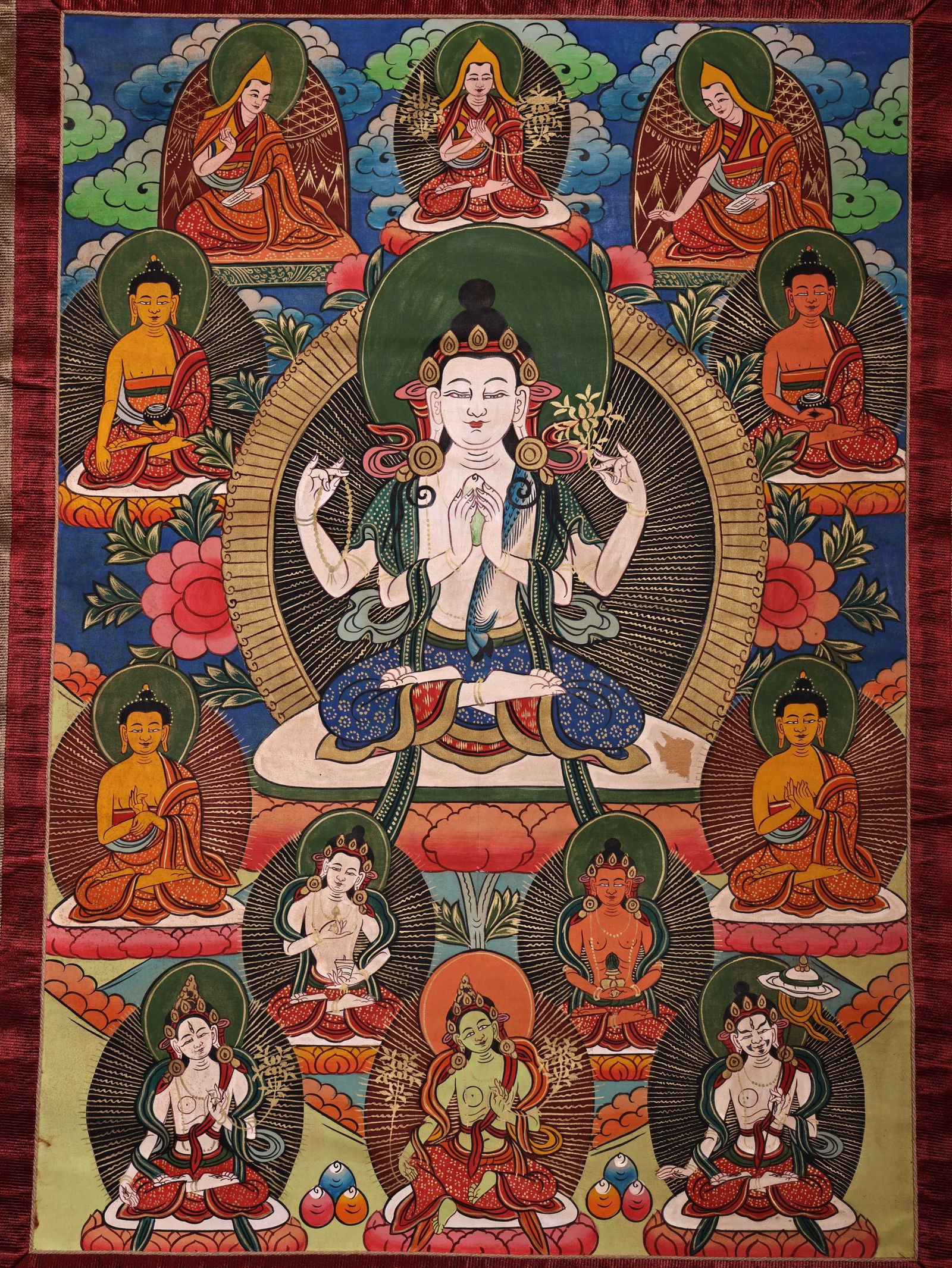 Colour Painted Four Armed GuanYin Pattern Tangka - 9