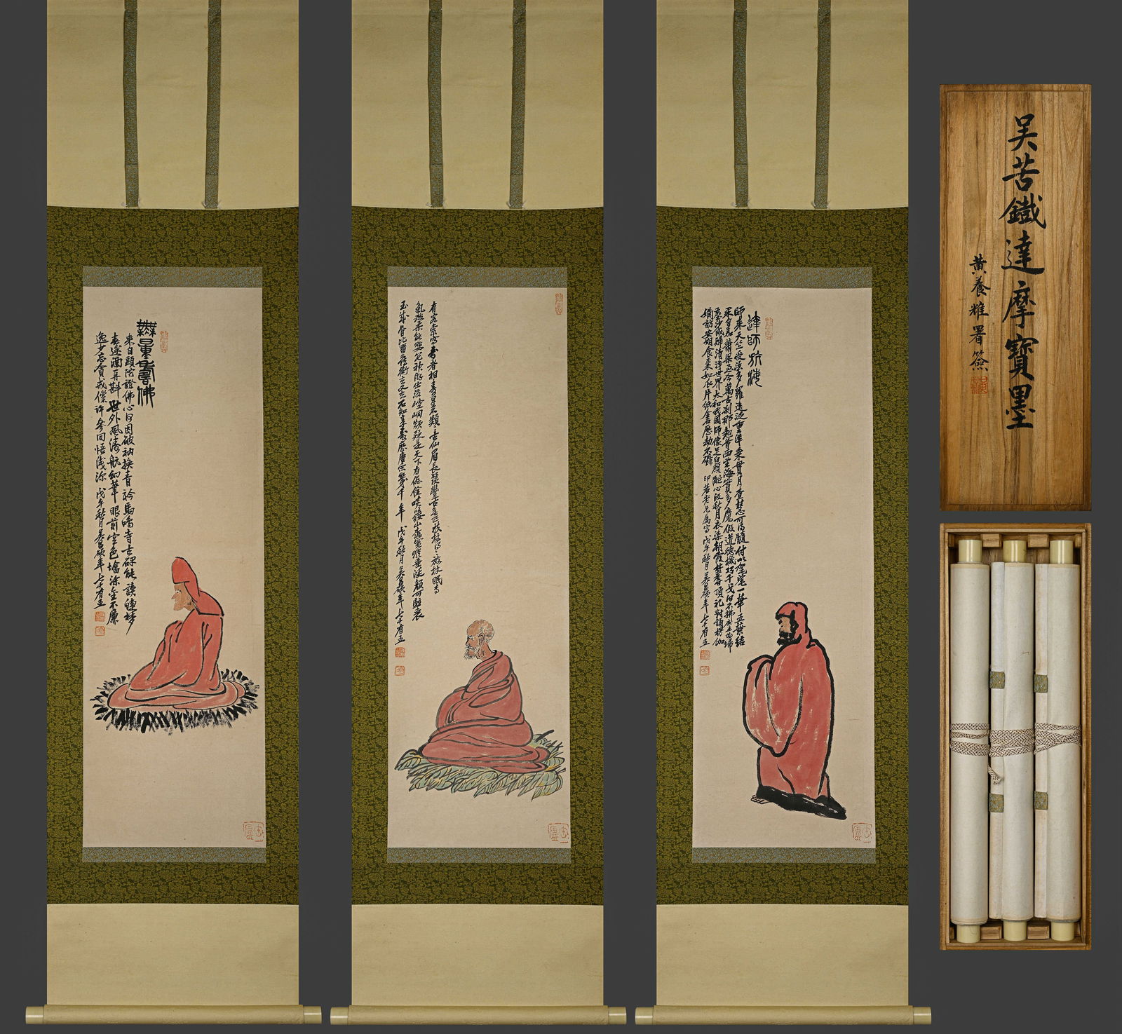 Group of Three Chinese Drawing Arhat Painting,Wu Changshuo Mark: Group of Three Chinese Drawing Arhat Painting,Wu Changshuo Mark (29 x 94cm)