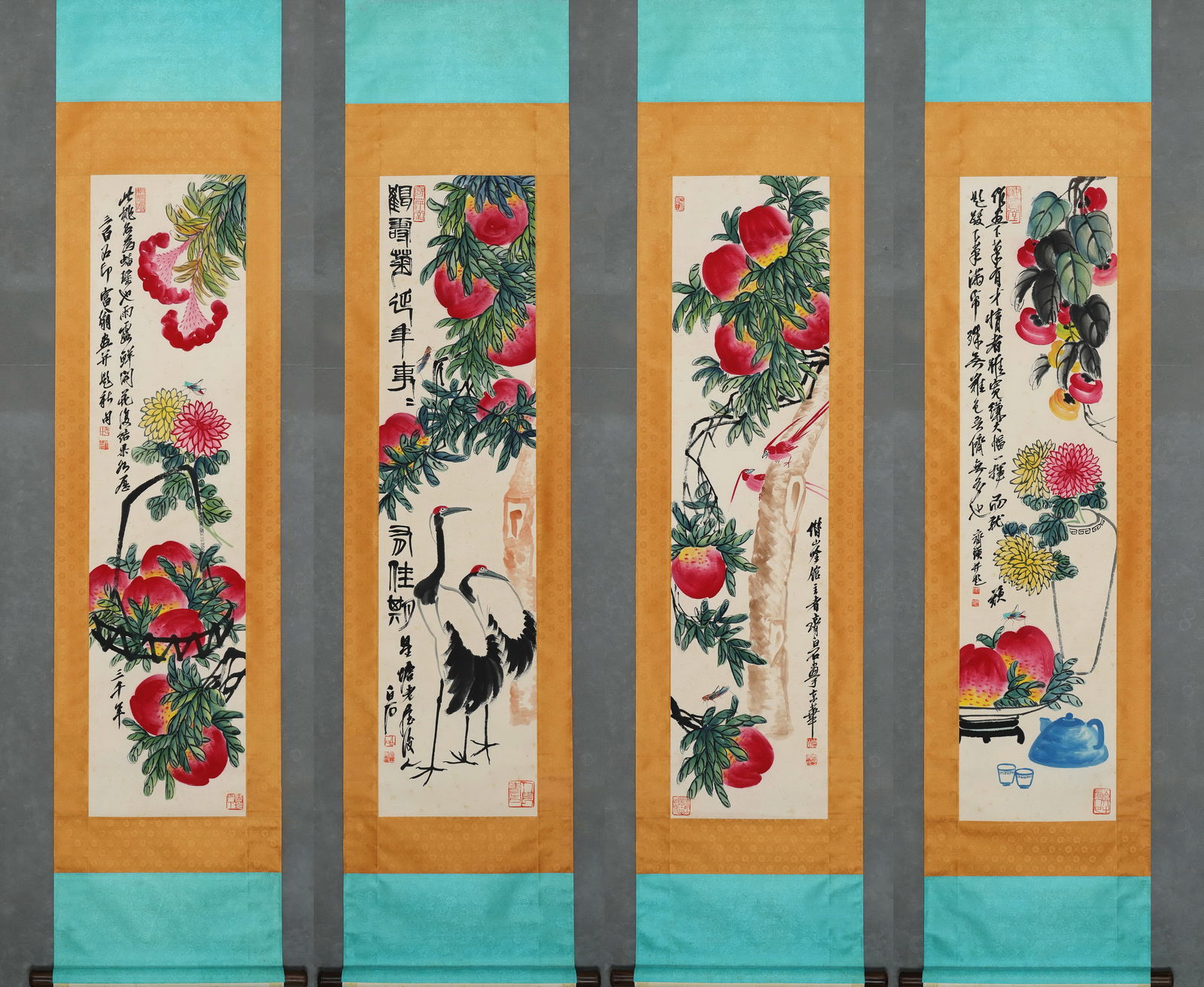 Group of Four Chinese Drawing Peach and Crane Painting,Qi Baishi Mark: Group of Four Chinese Drawing Peach and Crane Painting,Qi Baishi Mark (136 x 34cm)