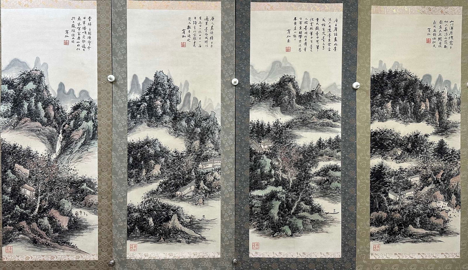 Group of Four Chinese Drawing Landscape Painting,Huang Binhong Mark: Group of Four Chinese Drawing Landscape Painting,Huang Binhong Mark (105 x 40cm)