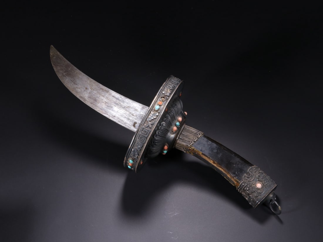 Silver Inlaid Gem Stone Carved Flower Pattern Dagger - 11