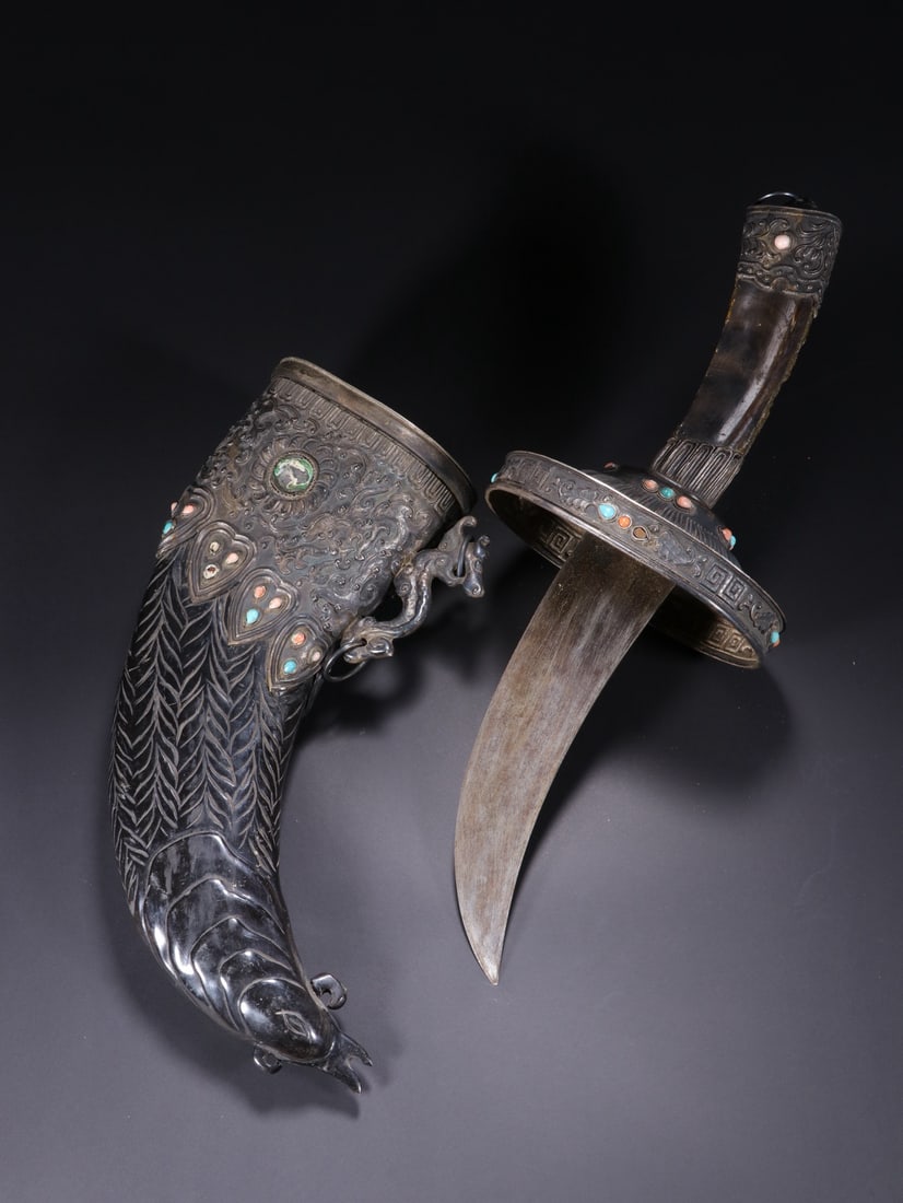 Silver Inlaid Gem Stone Carved Flower Pattern Dagger - 3