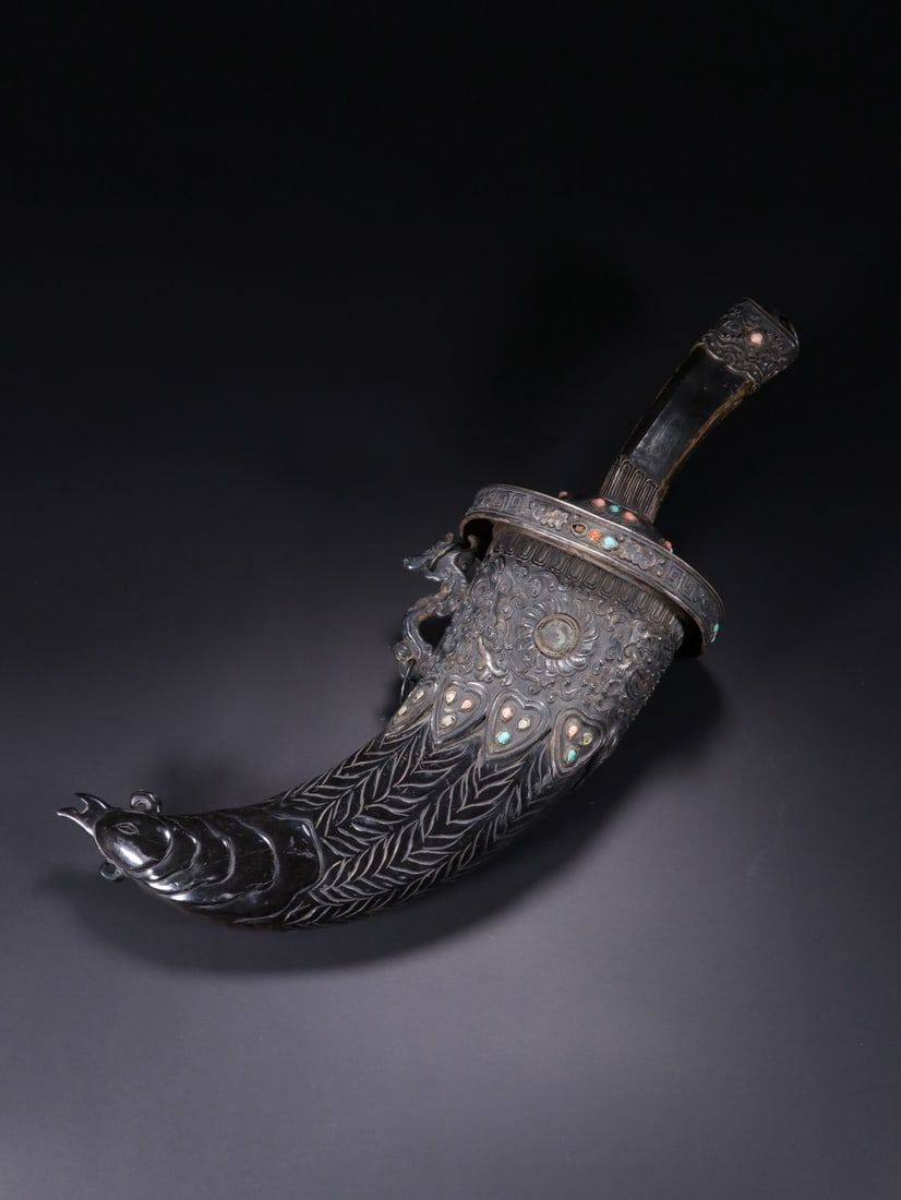 Silver Inlaid Gem Stone Carved Flower Pattern Dagger - 4