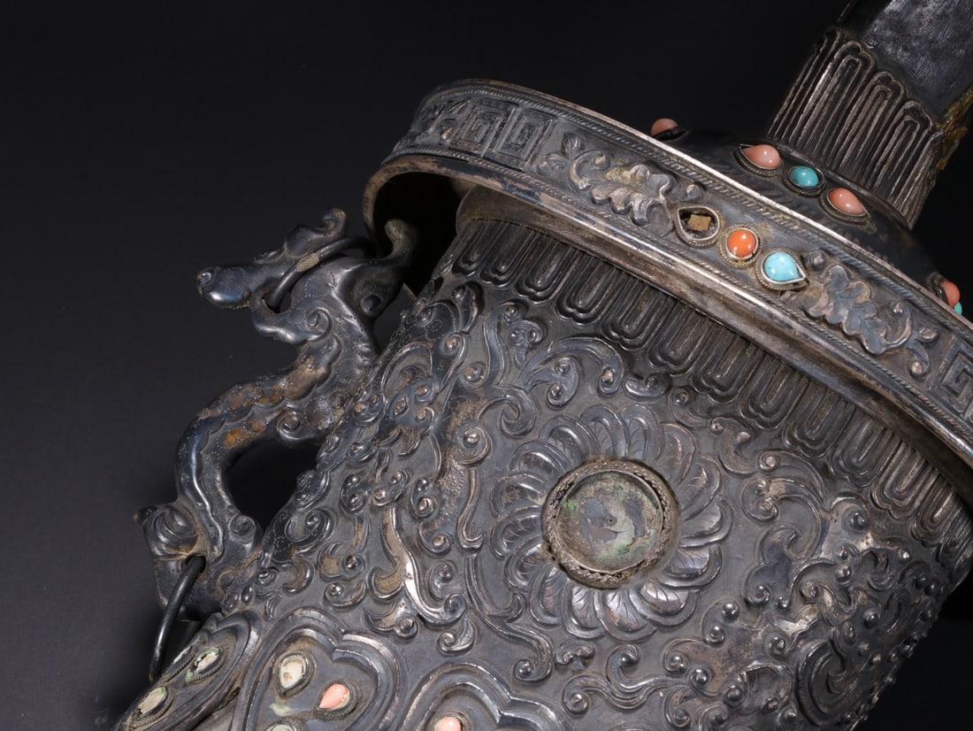 Silver Inlaid Gem Stone Carved Flower Pattern Dagger - 6