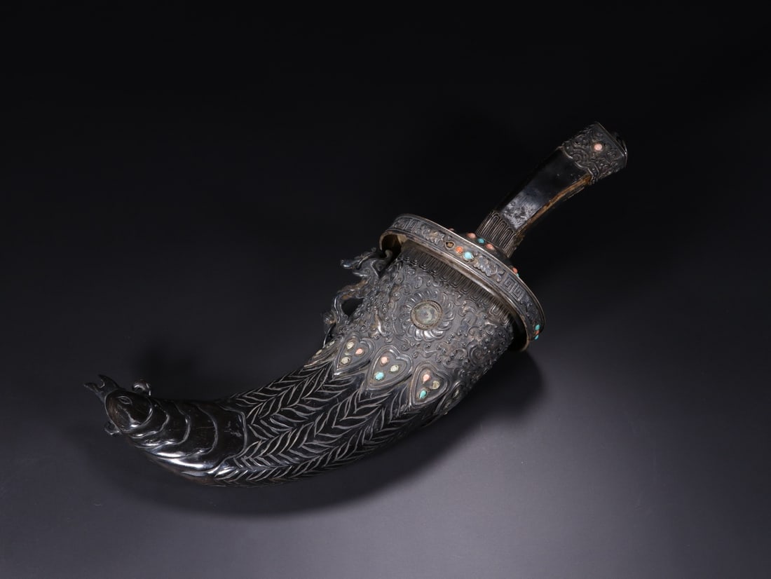 Silver Inlaid Gem Stone Carved Flower Pattern Dagger - 7