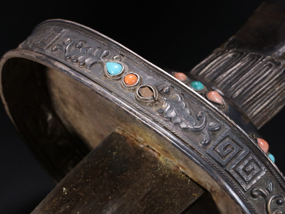 Silver Inlaid Gem Stone Carved Flower Pattern Dagger - 9