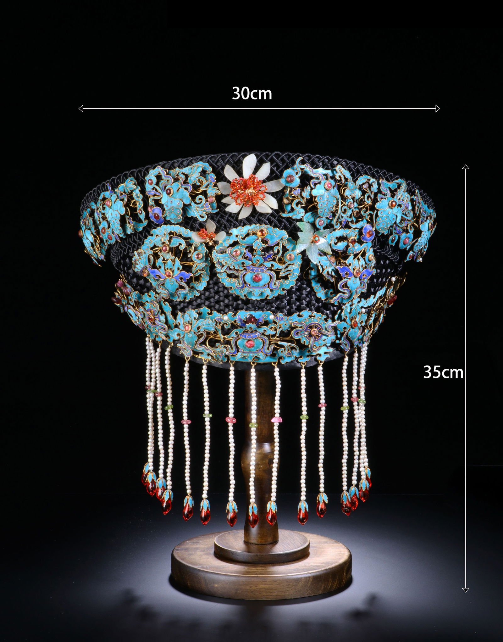 Gilt Silver Inlaid Gem Stone and Blue Feather Carved Flower Pattern Crown: Gilt Silver Inlaid Gem Stone and Blue Feather Carved Flower Pattern Crown (30 x 35cm)