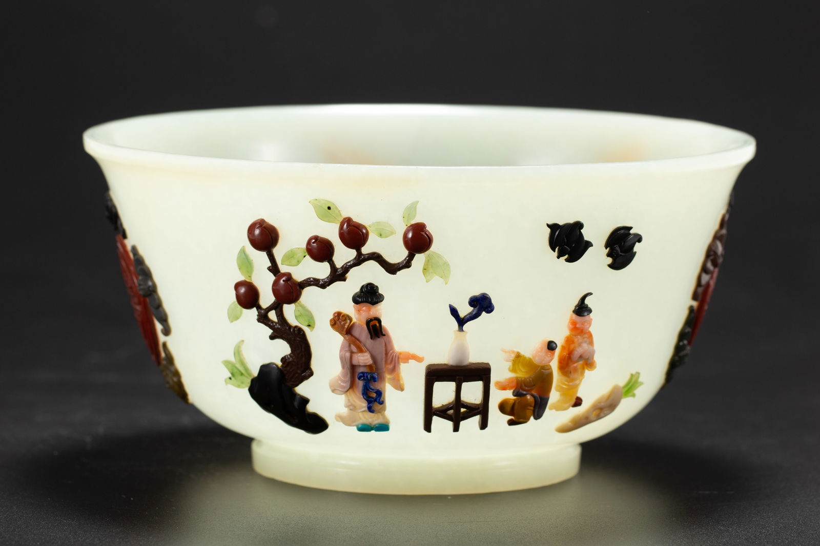 Jade Inlaid Gem Stone Carved Shou and Character Story Pattern Bowl: Jade Inlaid Gem Stone Carved Shou and Character Story Pattern Bowl (16.8 x 16.8 x 8.5cm,Weight 460g)