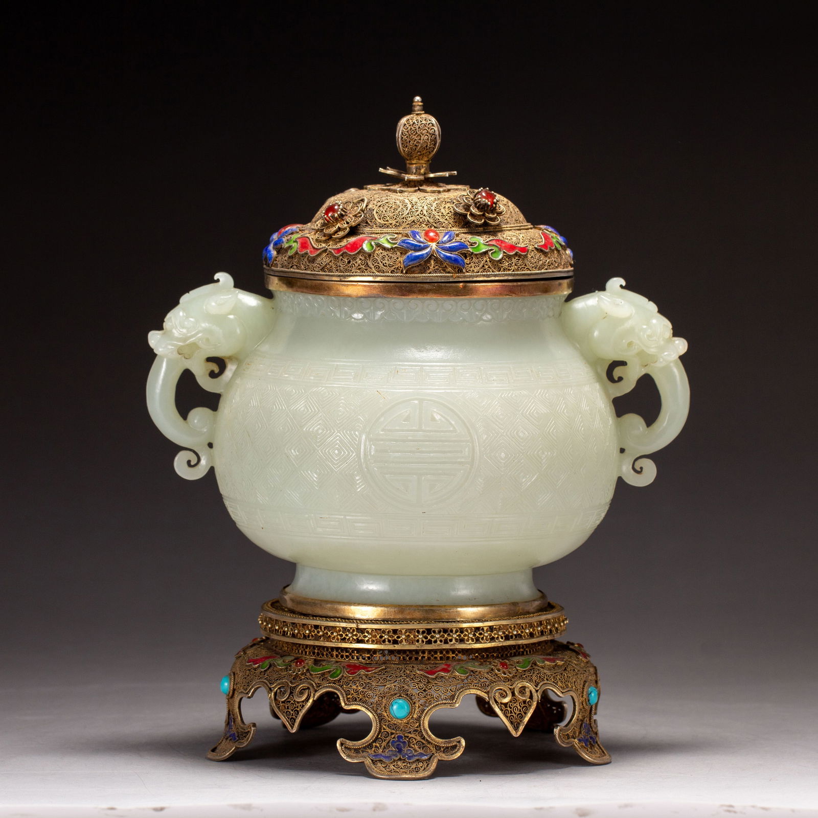 Jade Inlaid Gilt Silver and Gem Stone Carved Shou Pattern Double Beast Ears Incense Burner: Jade Inlaid Gilt Silver and Gem Stone Carved Shou Pattern Double Beast Ears Incense Burner (16 x 11.5 x 20cm,Weight 810g)