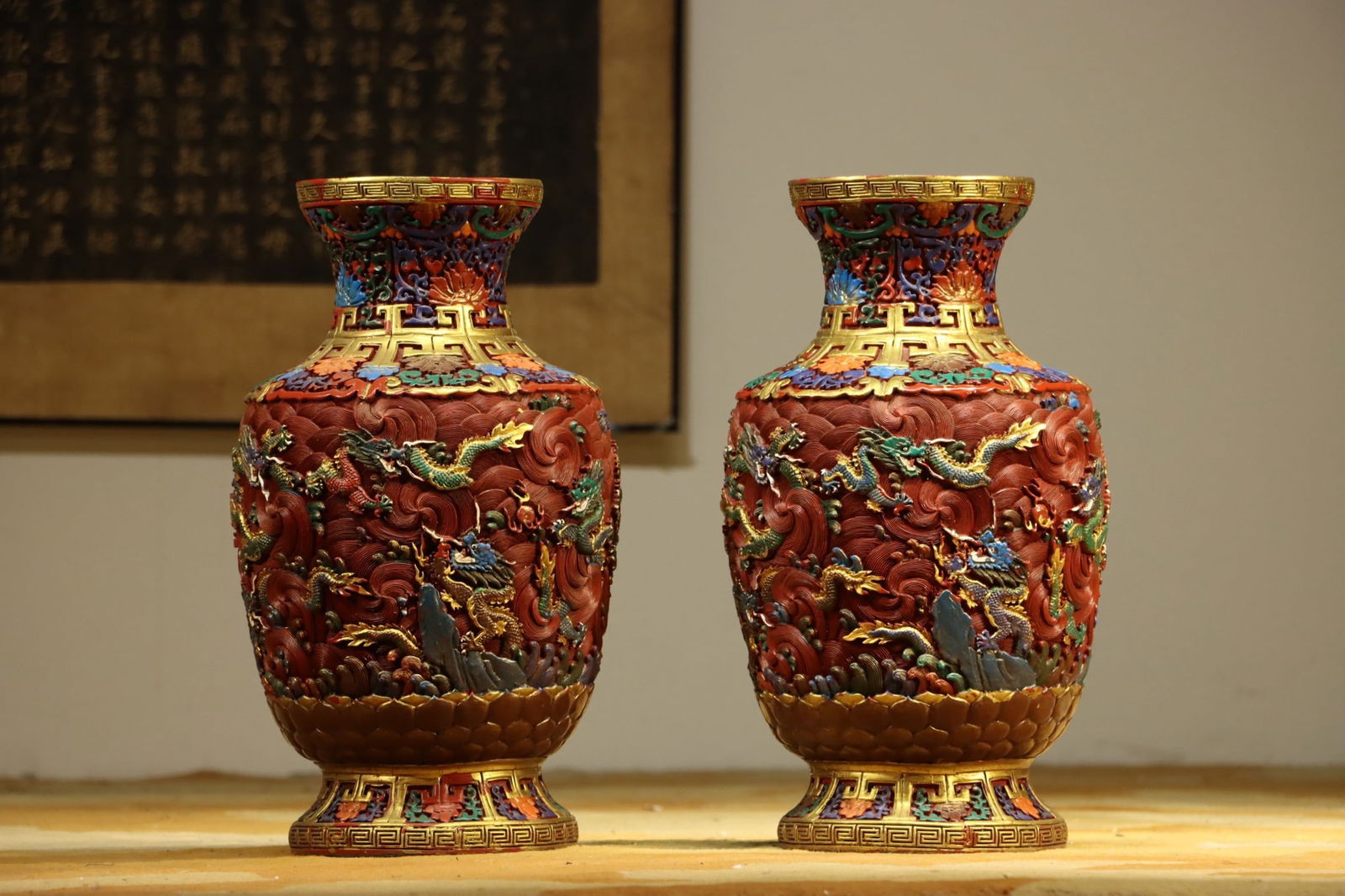 Pair of Lacquerware Red Carved Dragon and Sea Wave Pattern Vase: Pair of Lacquerware Red Carved Dragon and Sea Wave Pattern Vase (47 x 25cm)