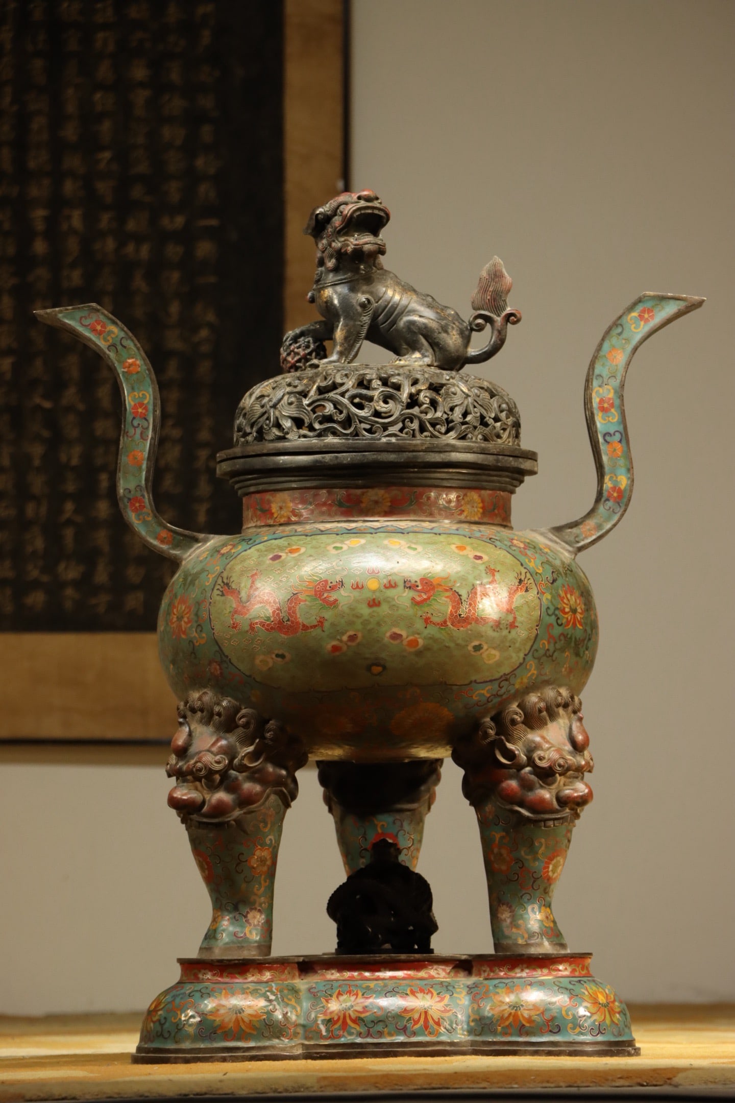 Bronze Cloisonne Carved Flower and Dragon Pattern Double Ears Incense Burner: Bronze Cloisonne Carved Flower and Dragon Pattern Double Ears Incense Burner (80 x 62cm)