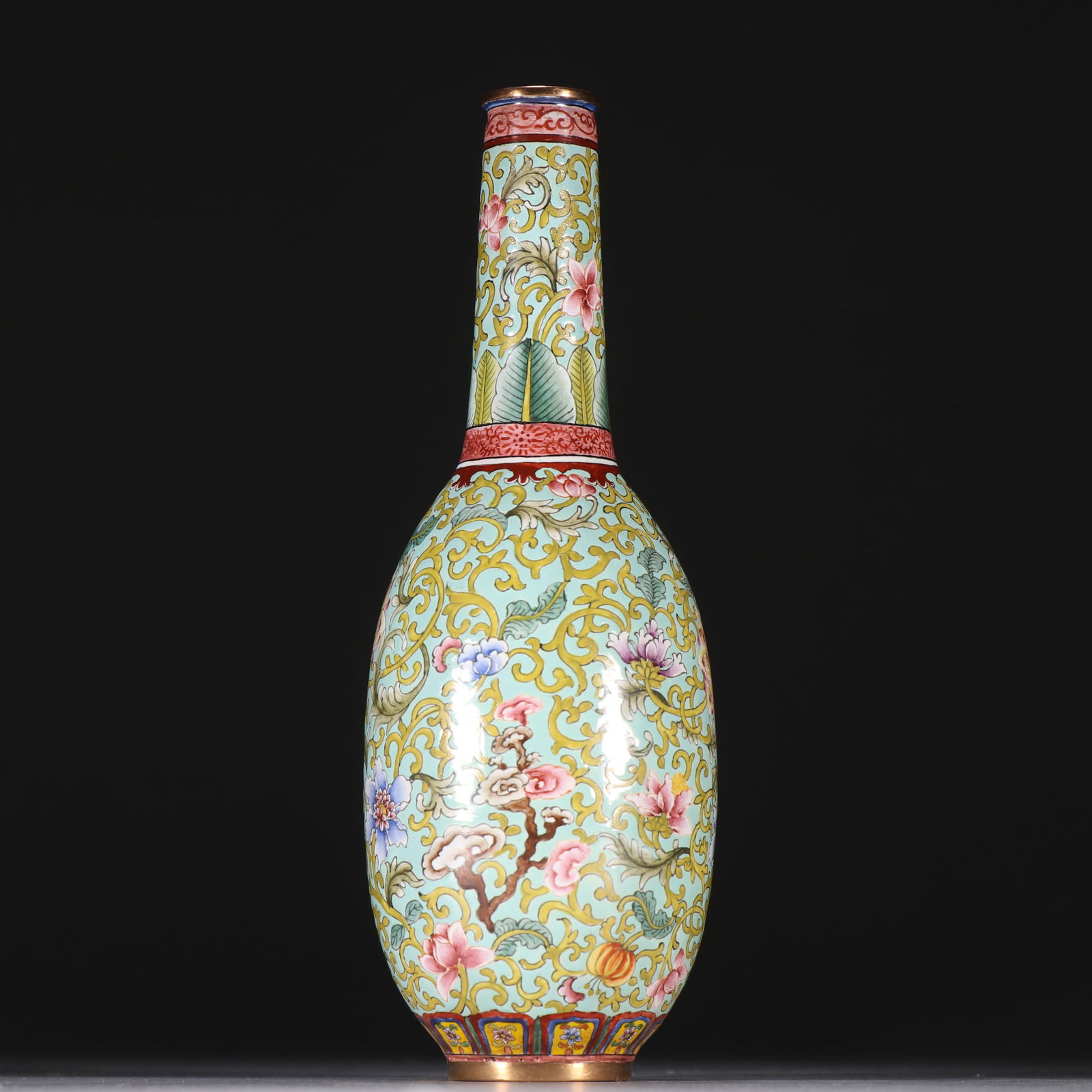 Bronze Enamel Blue Base Flower Pattern Vase - 4