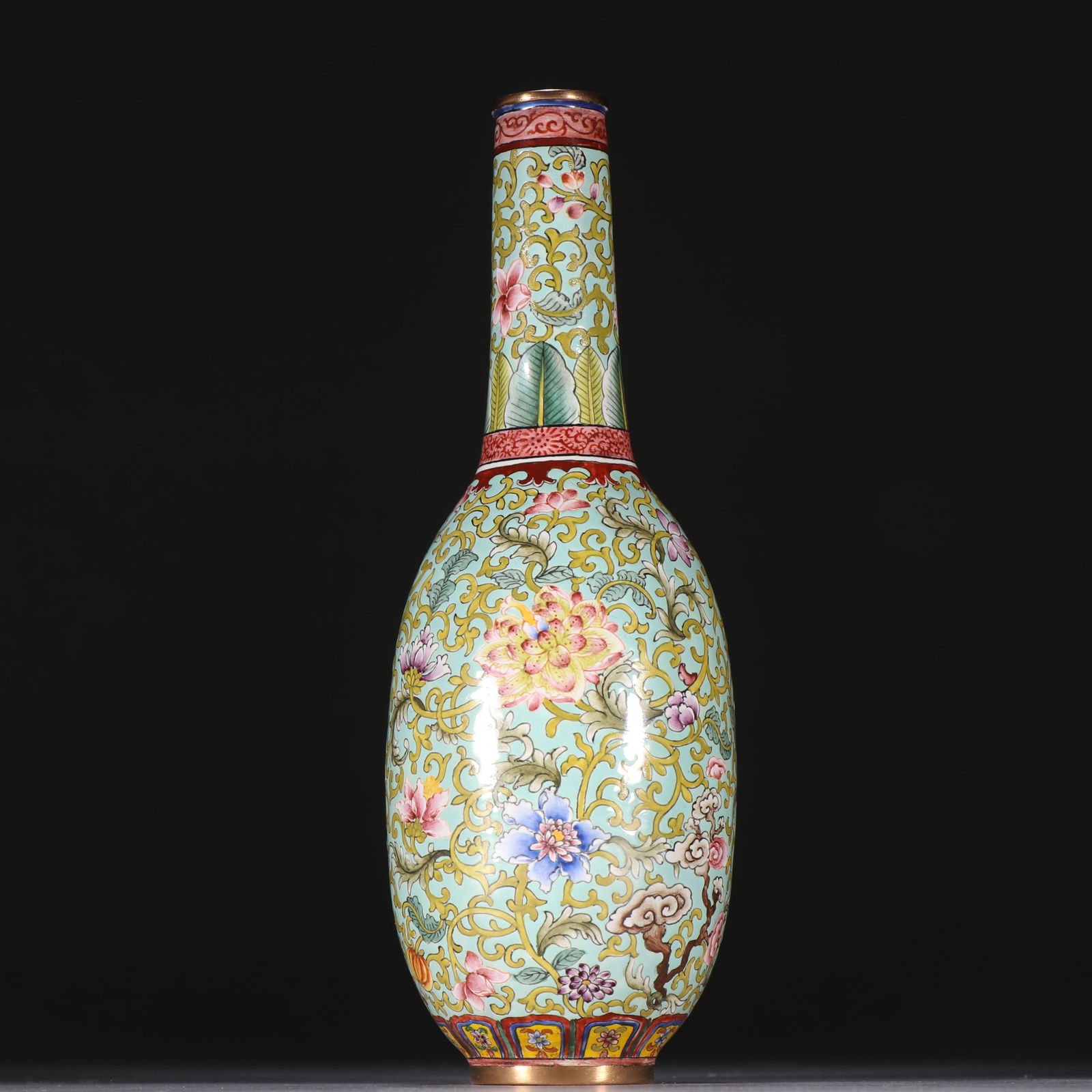 Bronze Enamel Blue Base Flower Pattern Vase - 5