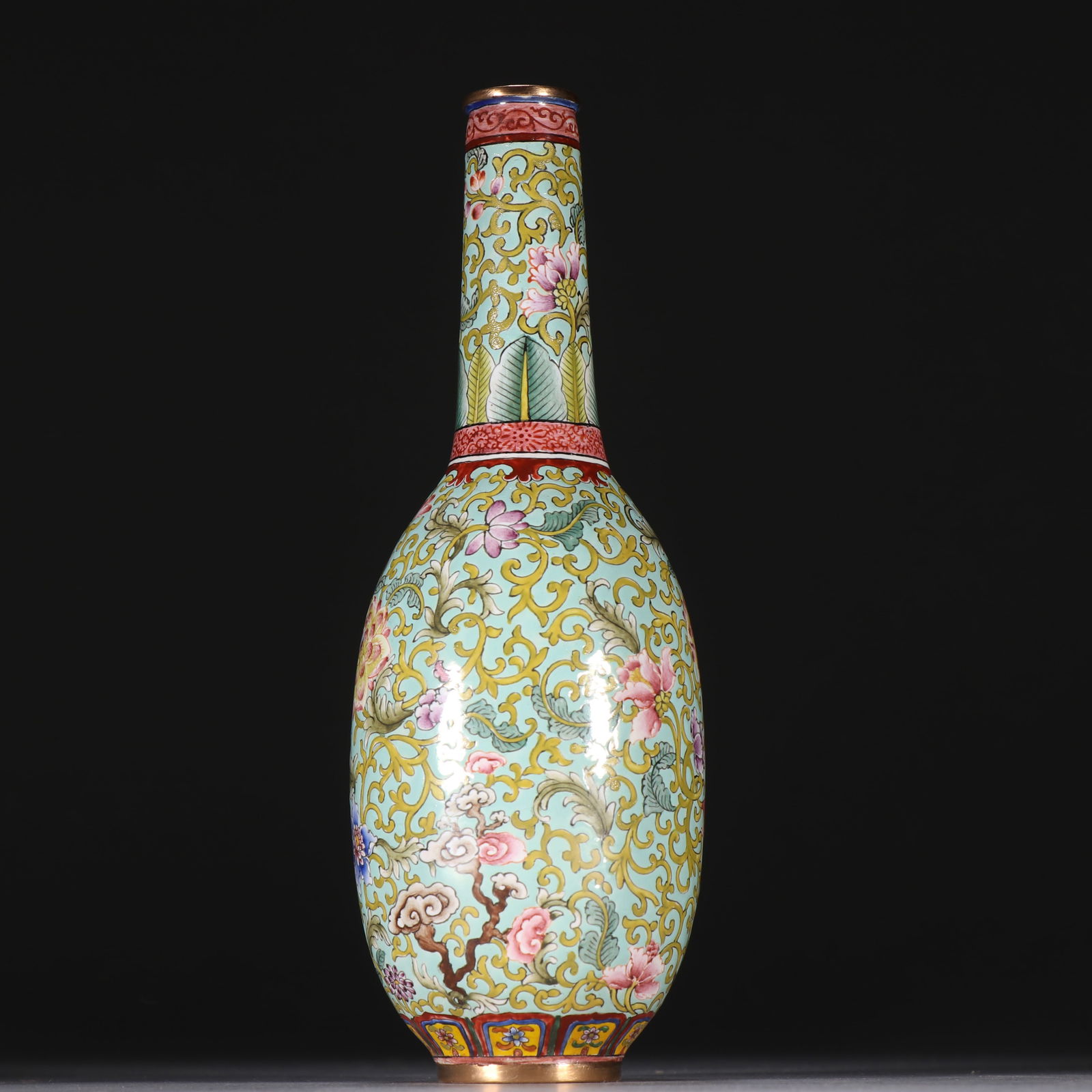 Bronze Enamel Blue Base Flower Pattern Vase - 7