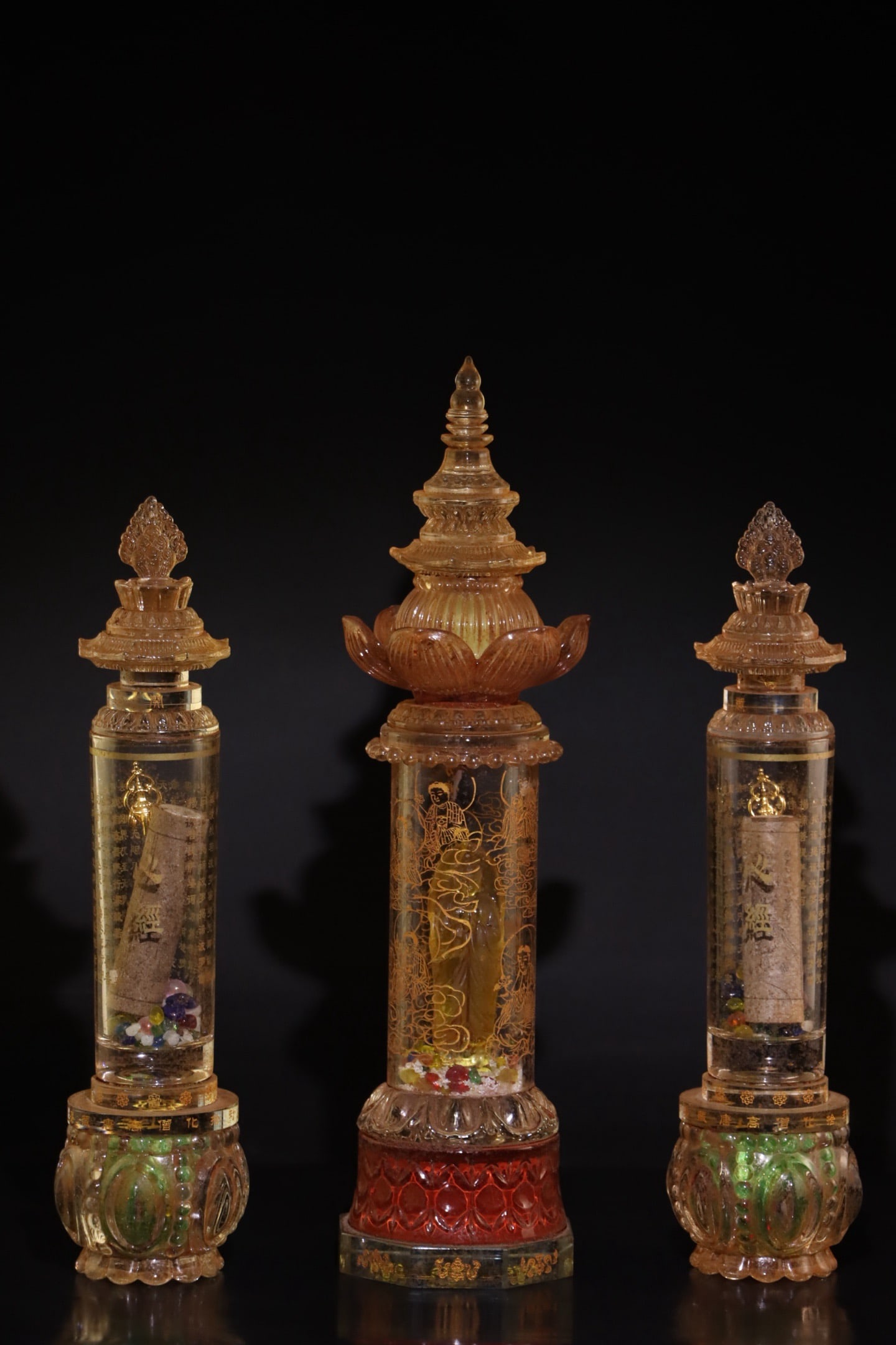 Group of Three White Crystal Gold Drawing Buddha and Poetry Pattern Pagoba: Group of Three White Crystal Gold Drawing Buddha and Poetry Pattern Pagoba (44 x 38 x 11.9cm)