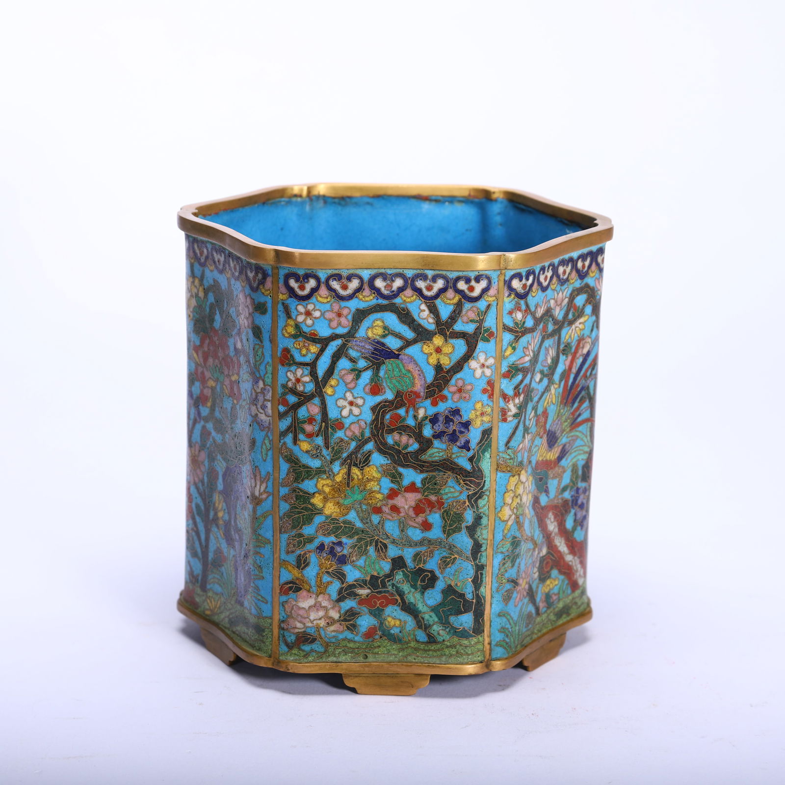 Bronze Cloisonne Carved Flower Pattern Brush Pot - 5