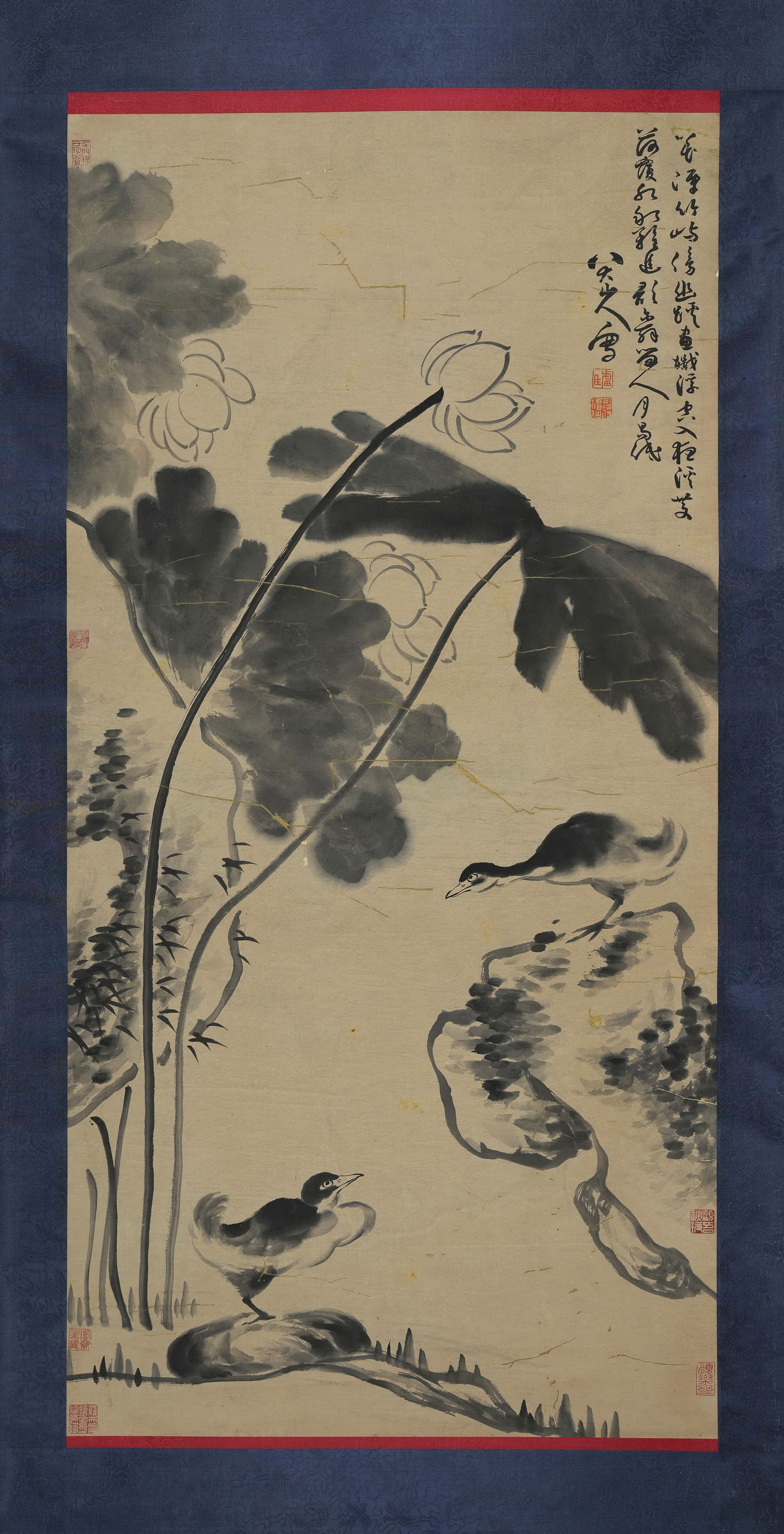 Chinese Drawing Goose and Lotus Flower Painting,Ba Dashanren Mark: Chinese Drawing Goose and Lotus Flower Painting,Ba Dashanren Mark (137 x 68cm)