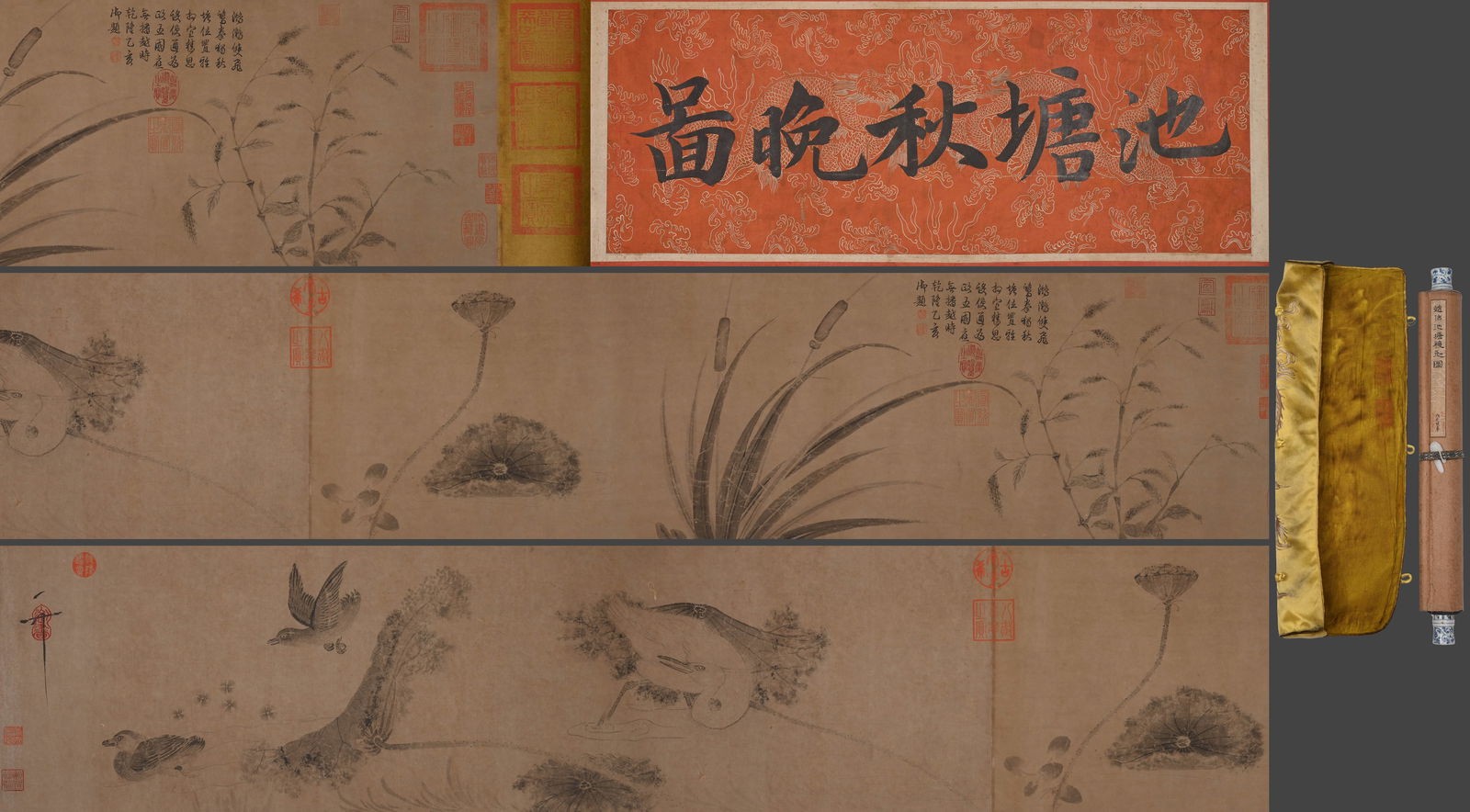 Chinese Drawing Bird and Lotus Flower Hand Scroll,Song Huizong Mark: Chinese Drawing Bird and Lotus Flower Hand Scroll,Song Huizong Mark (47 x 320cm)