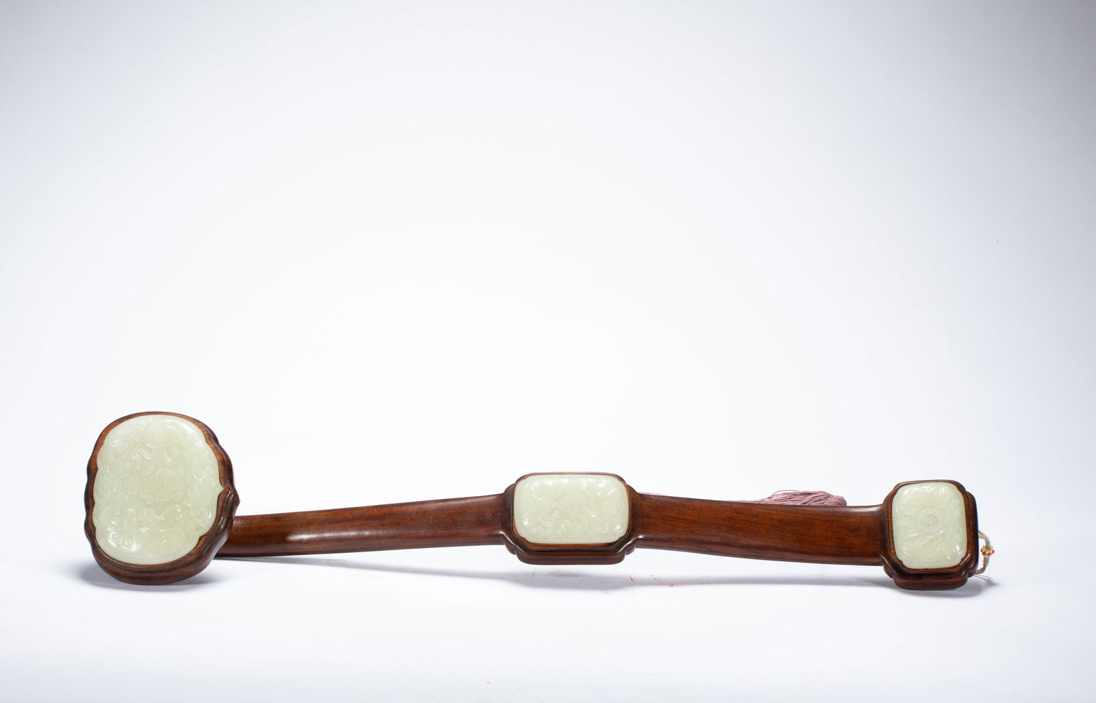 Huanghuali Wood Inlaid Jade Carved Shou and Flower Pattern RuYi Ornament: Huanghuali Wood Inlaid Jade Carved Shou and Flower Pattern RuYi Ornament (50 x 10cm,Weight 450g)