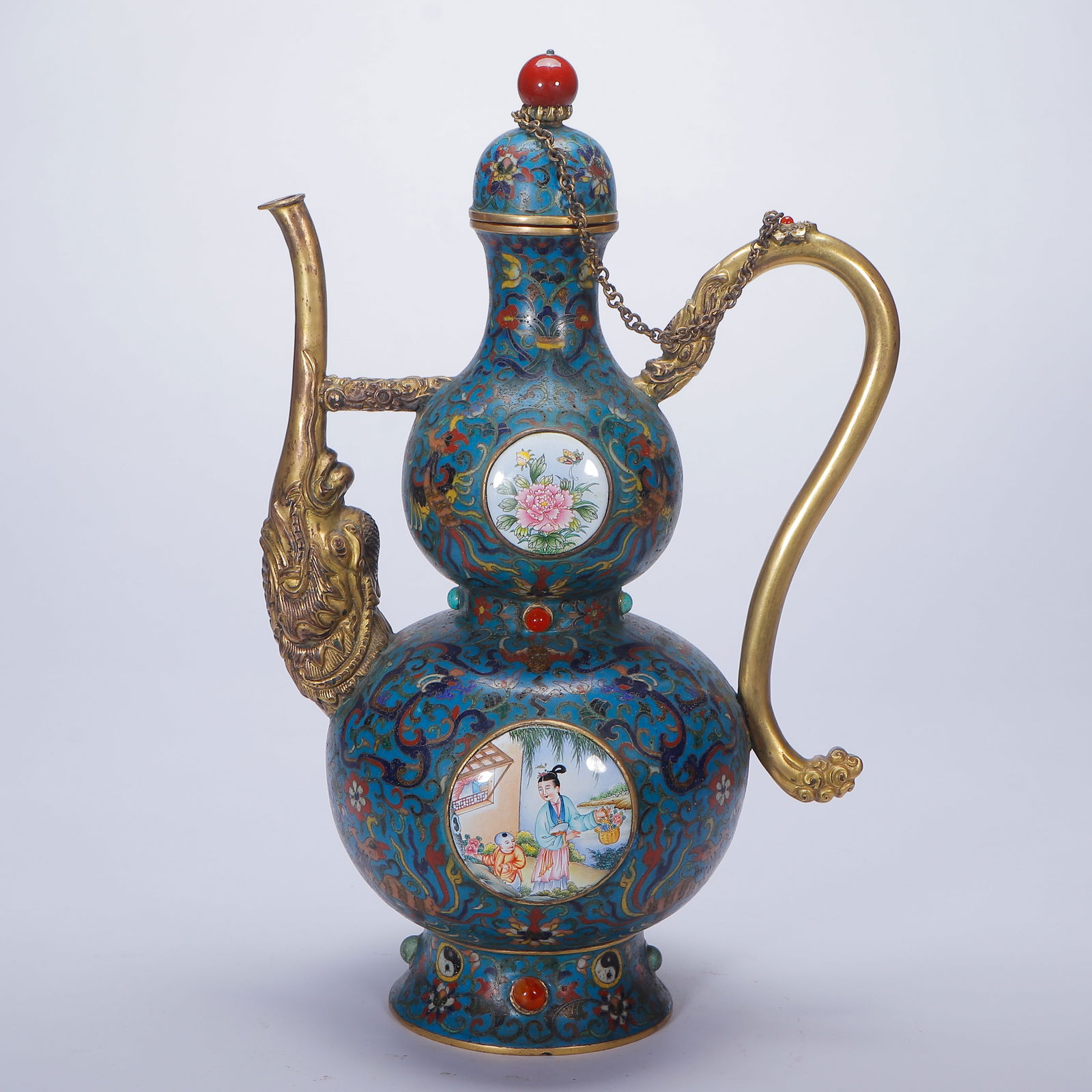 Bronze Cloisonne Inlaid Bronze Enamel Blue Base Character Story Pattern Pot: Bronze Cloisonne Inlaid Bronze Enamel Blue Base Character Story Pattern Pot (21 x 14.5 x 32.5cm)