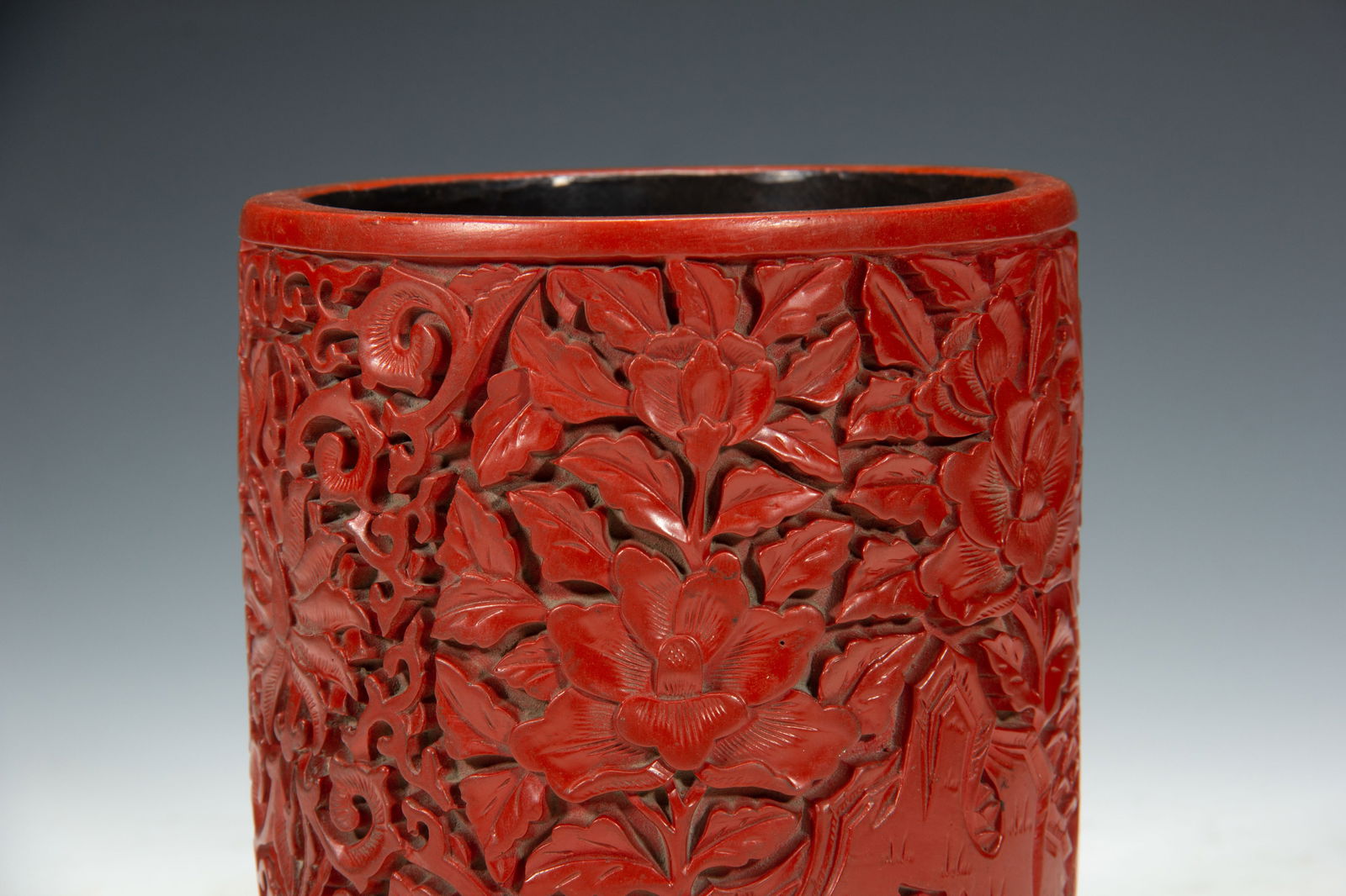 Lacquerware Red Carved Flower Pattern Brush Pot - 2