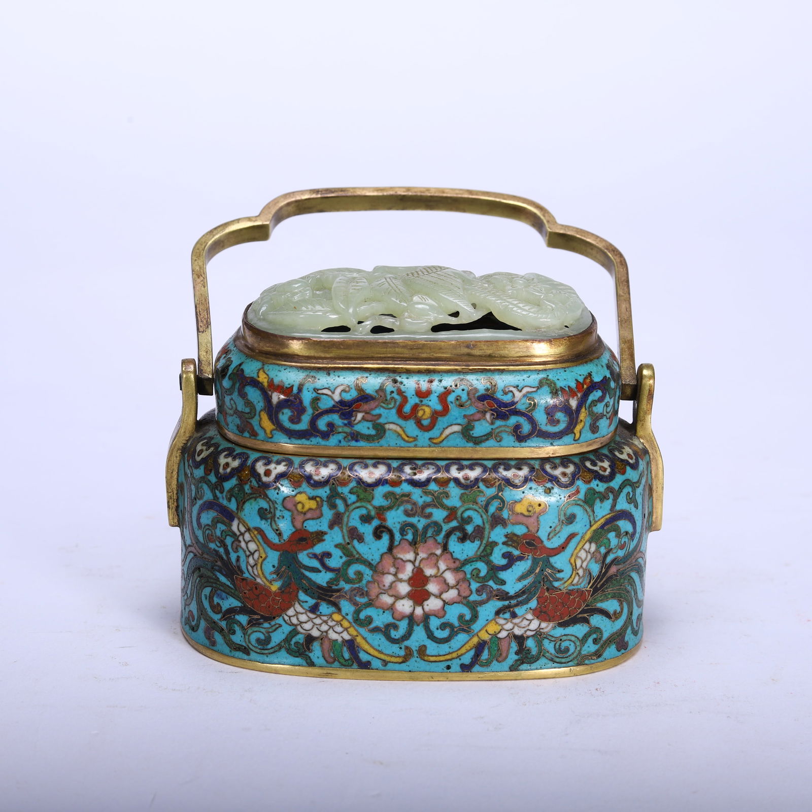 Bronze Cloisonne Inlaid Jade Carved Flower and Bird Pattern Handle Box: Bronze Cloisonne Inlaid Jade Carved Flower and Bird Pattern Handle Box (11.6 x 7 x 13.5cm)