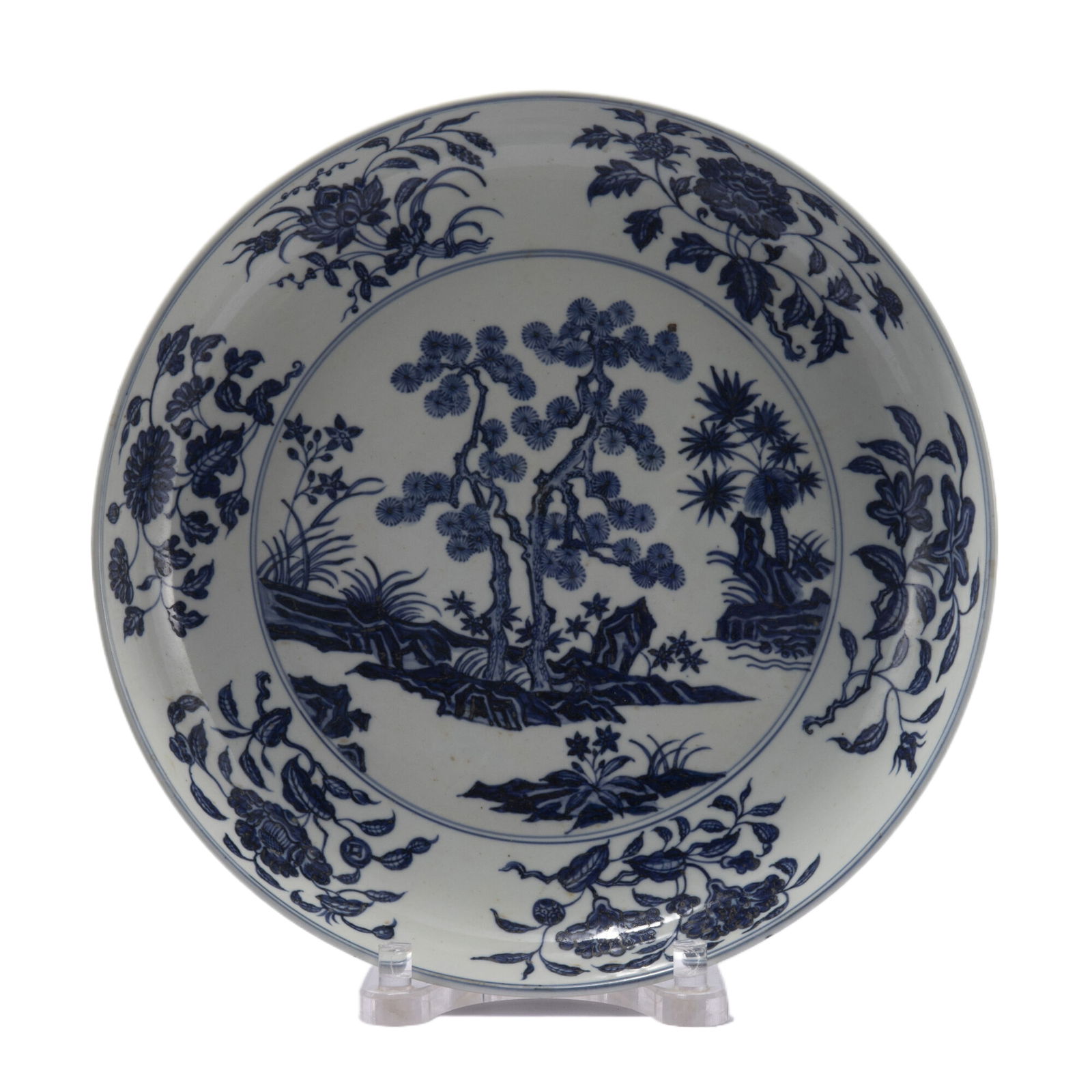 Blue and White Pine Tree Pattern Porcelain Plate: Blue and White Pine Tree Pattern Porcelain Plate (41.5 x 6.5cm,Weight 2420g)
