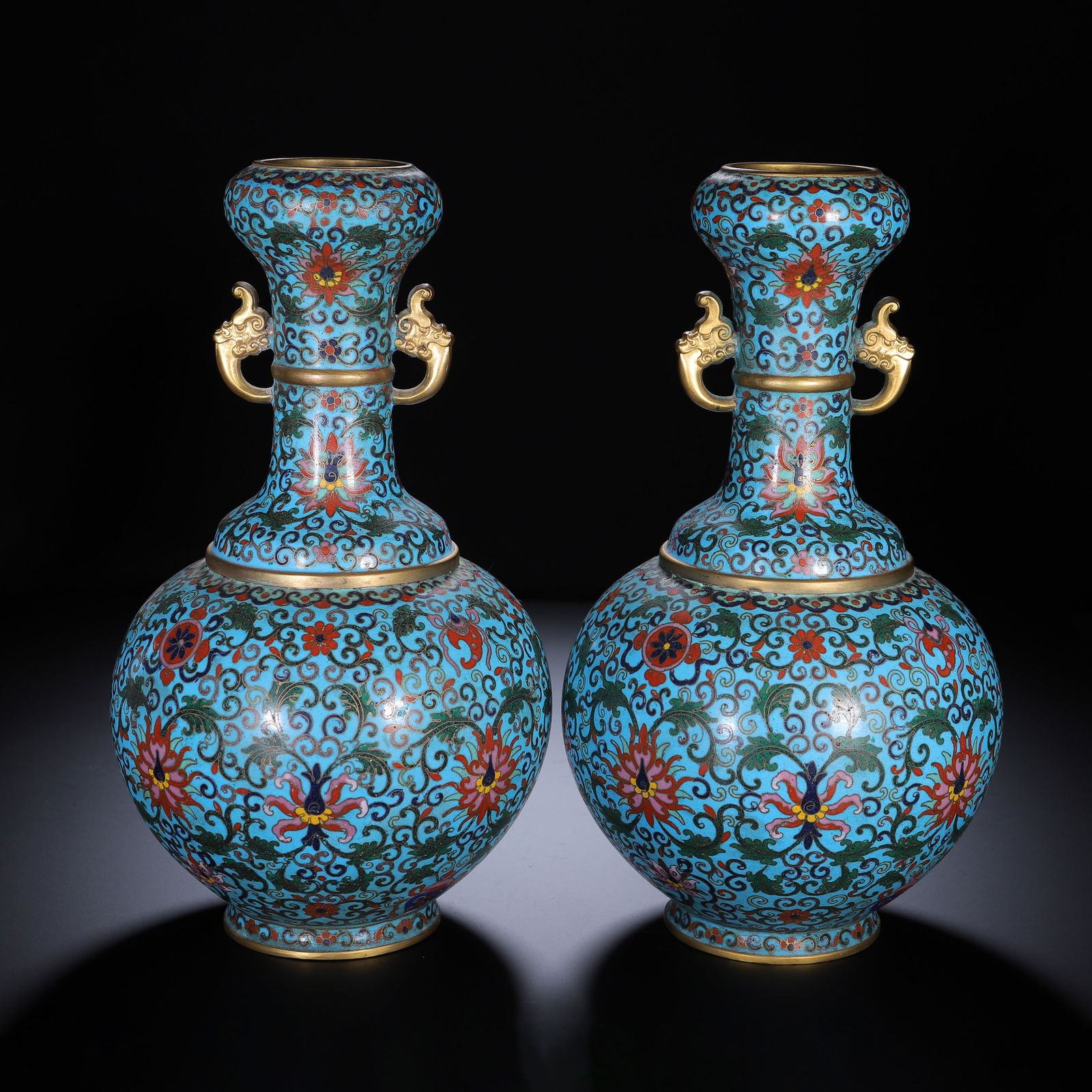 Pair of Bronze Cloisonne Carved Flower Pattern Double Beast Ears Vase: Pair of Bronze Cloisonne Carved Flower Pattern Double Beast Ears Vase (15 x 16cm)