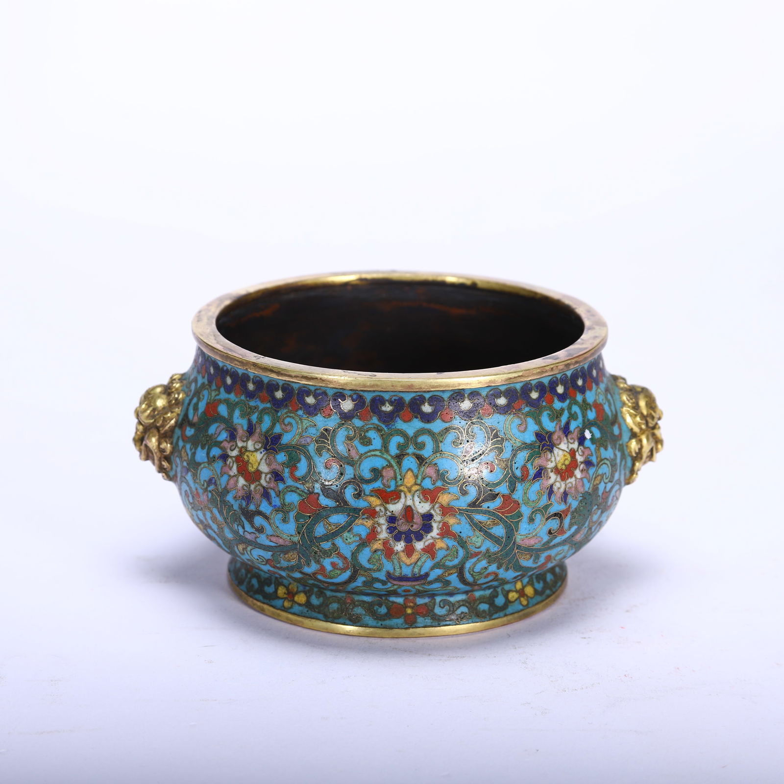 Bronze Cloisonne Carved Flower Pattern Double Lion Ears Incense Burner: Bronze Cloisonne Carved Flower Pattern Double Lion Ears Incense Burner (14.5 x 12.5 x 7.5cm)