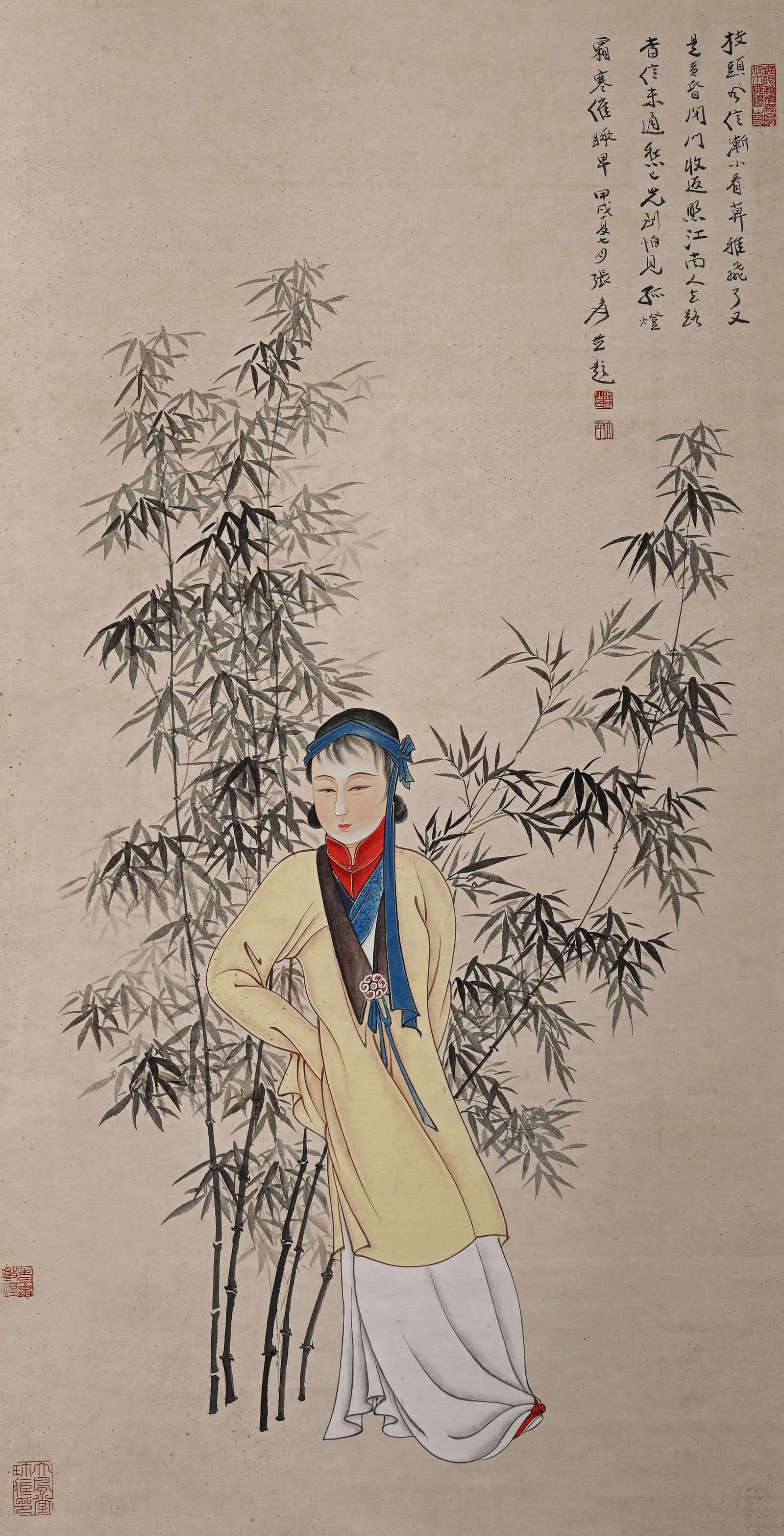 Chinese Drawing Bamboo and Beauty Painting,Zhang Daqian Mark: Chinese Drawing Bamboo and Beauty Painting,Zhang Daqian Mark (61 x 120cm)
