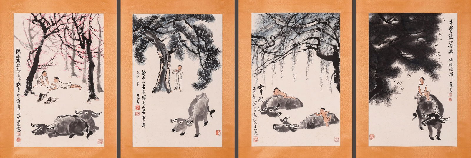 Group of Four Chinese Drawing Playing Children and Ox Painting,Li Keran Mark (1 of 9)