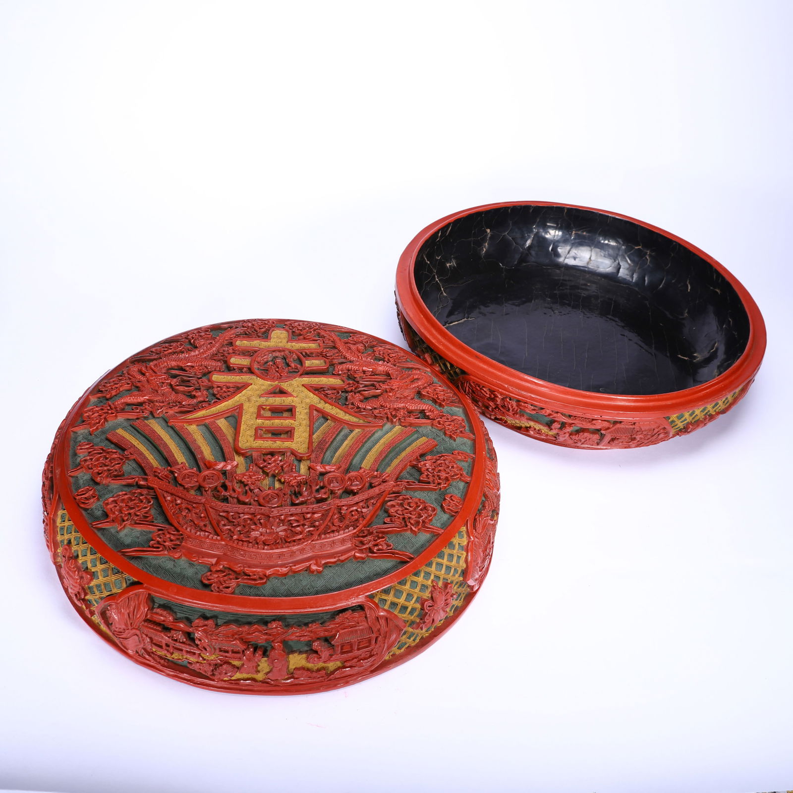 A CHINESE CARVED RED LACQUER 'SPRING' ROUND BOX - 7