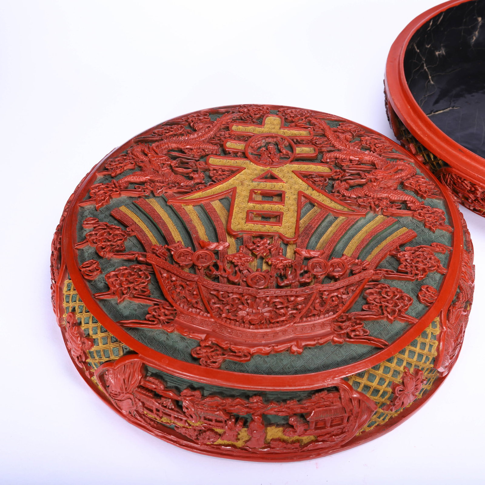 A CHINESE CARVED RED LACQUER 'SPRING' ROUND BOX - 8