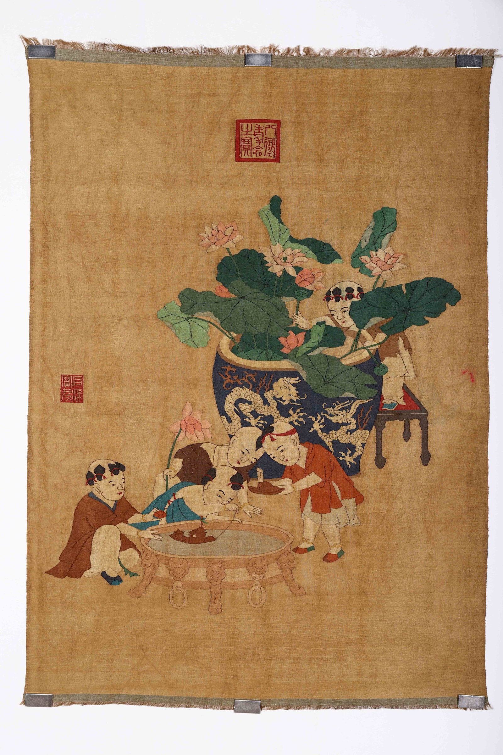 A CHINESE KESI 'BOYS AT PLAY' PANEL: A CHINESE KESI 'BOYS AT PLAY' PANEL (96 x 67cm)
