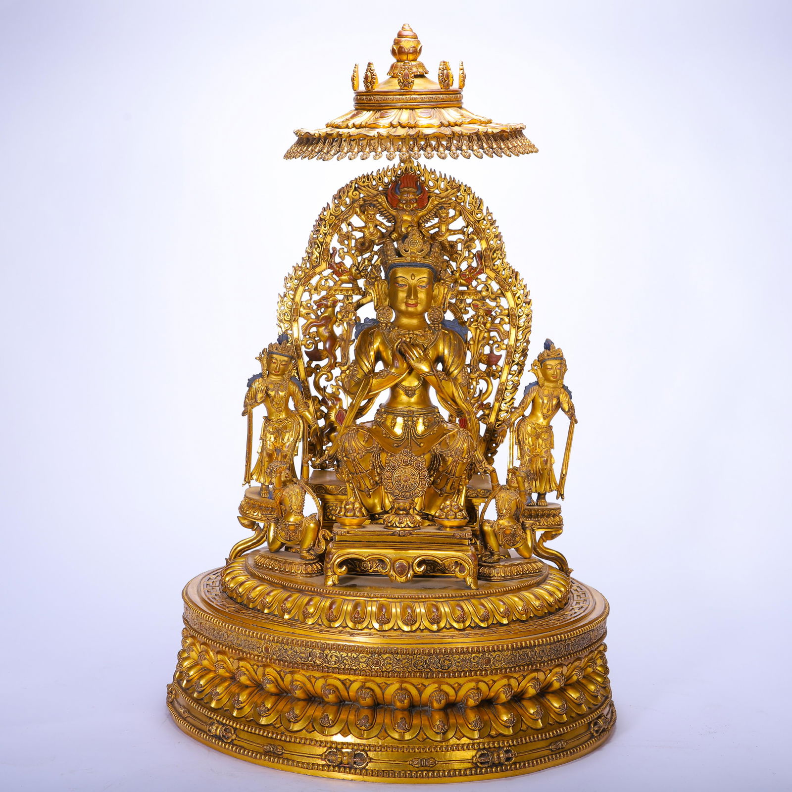 A CHINESE GILT-BRONZE VAIROCANA TRIAD SHRINE: A CHINESE GILT-BRONZE VAIROCANA TRIAD SHRINE (38 x 38 x 65cm)